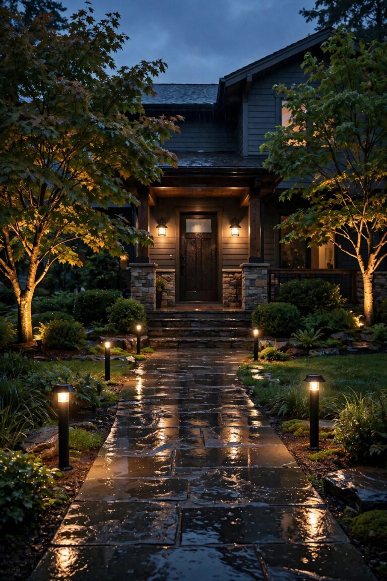 Front yard at dusk after a rain shower with warm glowing path lights, porch sconces and tree uplights, illustrating IP ratings for outdoor lights in a real yard
