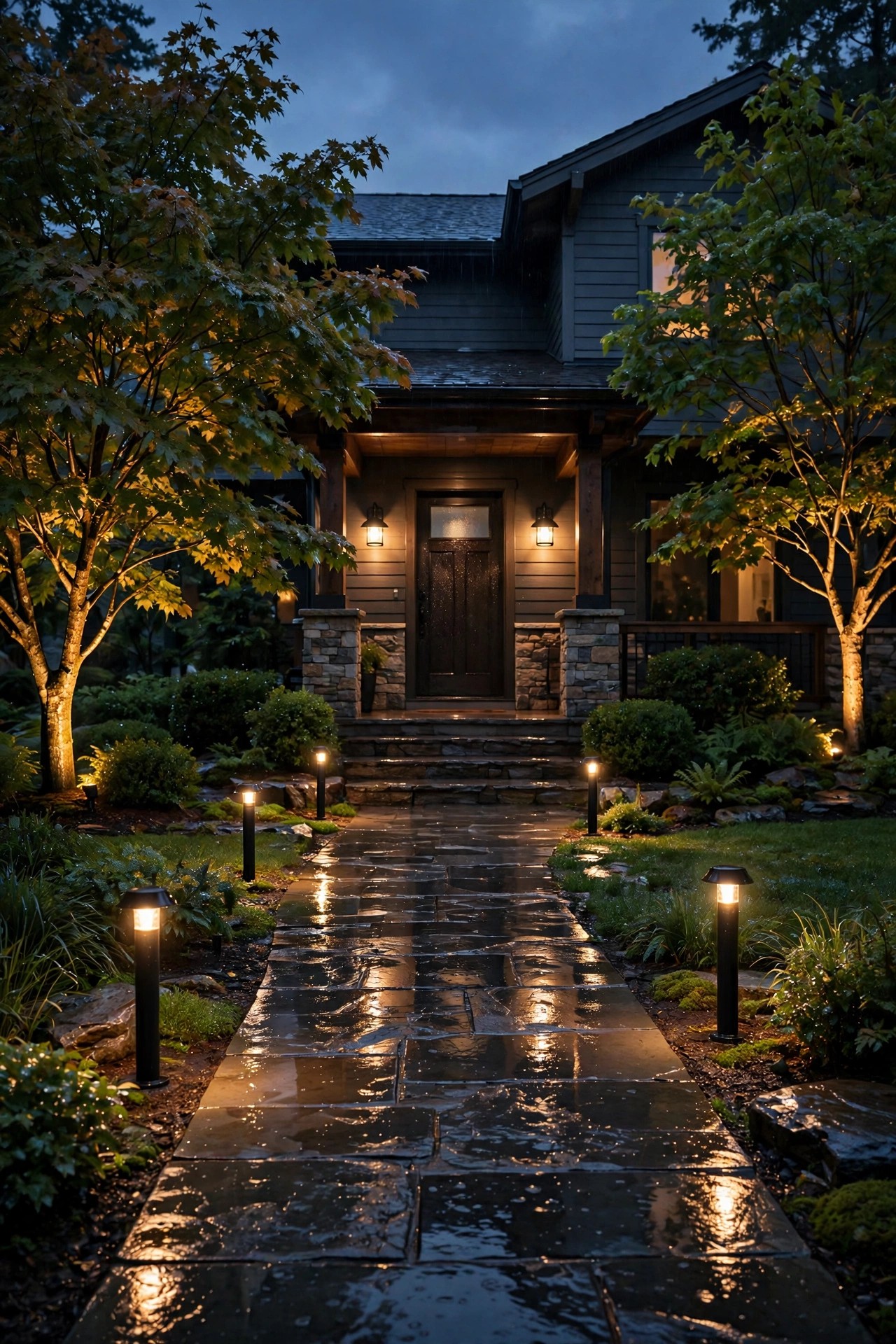 Front yard at dusk after a rain shower with warm glowing path lights, porch sconces and tree uplights, illustrating IP ratings for outdoor lights in a real yard
