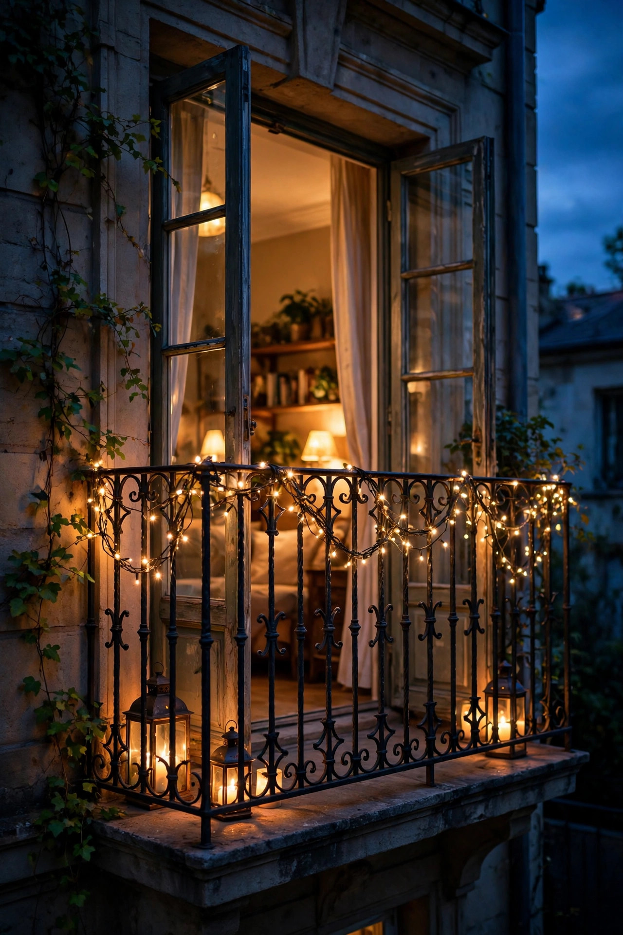 Juliet balcony at dusk with warm fairy lights woven through the iron railing, glowing lanterns, and French doors open to a cozy room