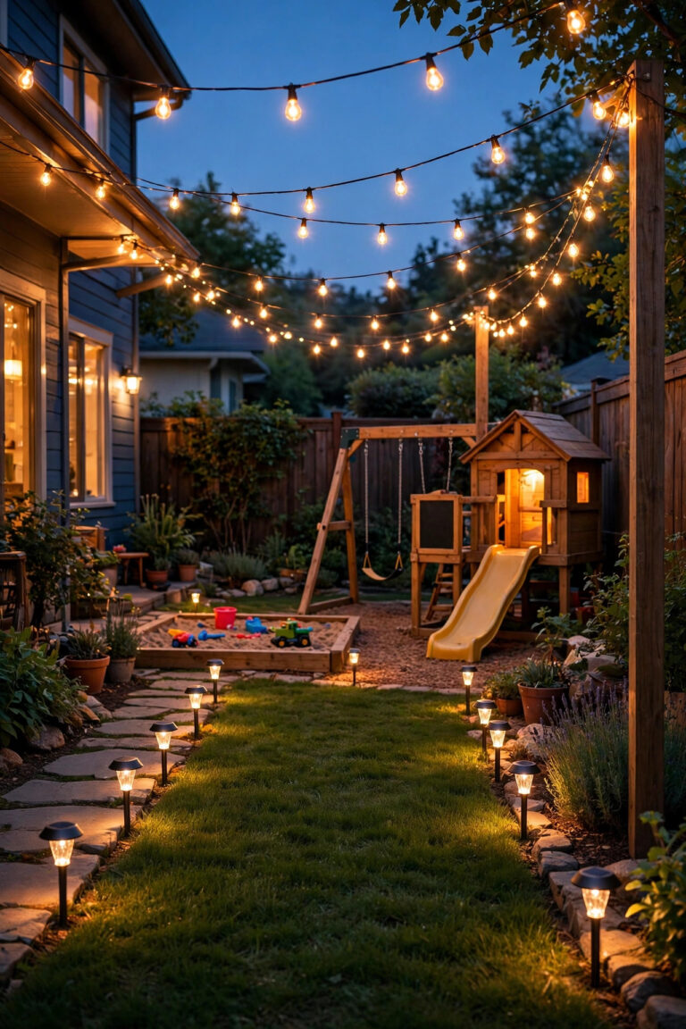 Warm backyard at dusk with string lights overhead, solar path lights along the lawn and a softly glowing play area for kids