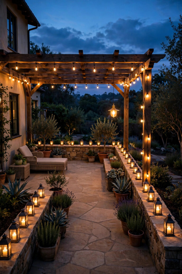 L-shaped patio at dusk with warm string lights along both arms, a glowing pendant at the inside corner and lanterns lining the outer edge