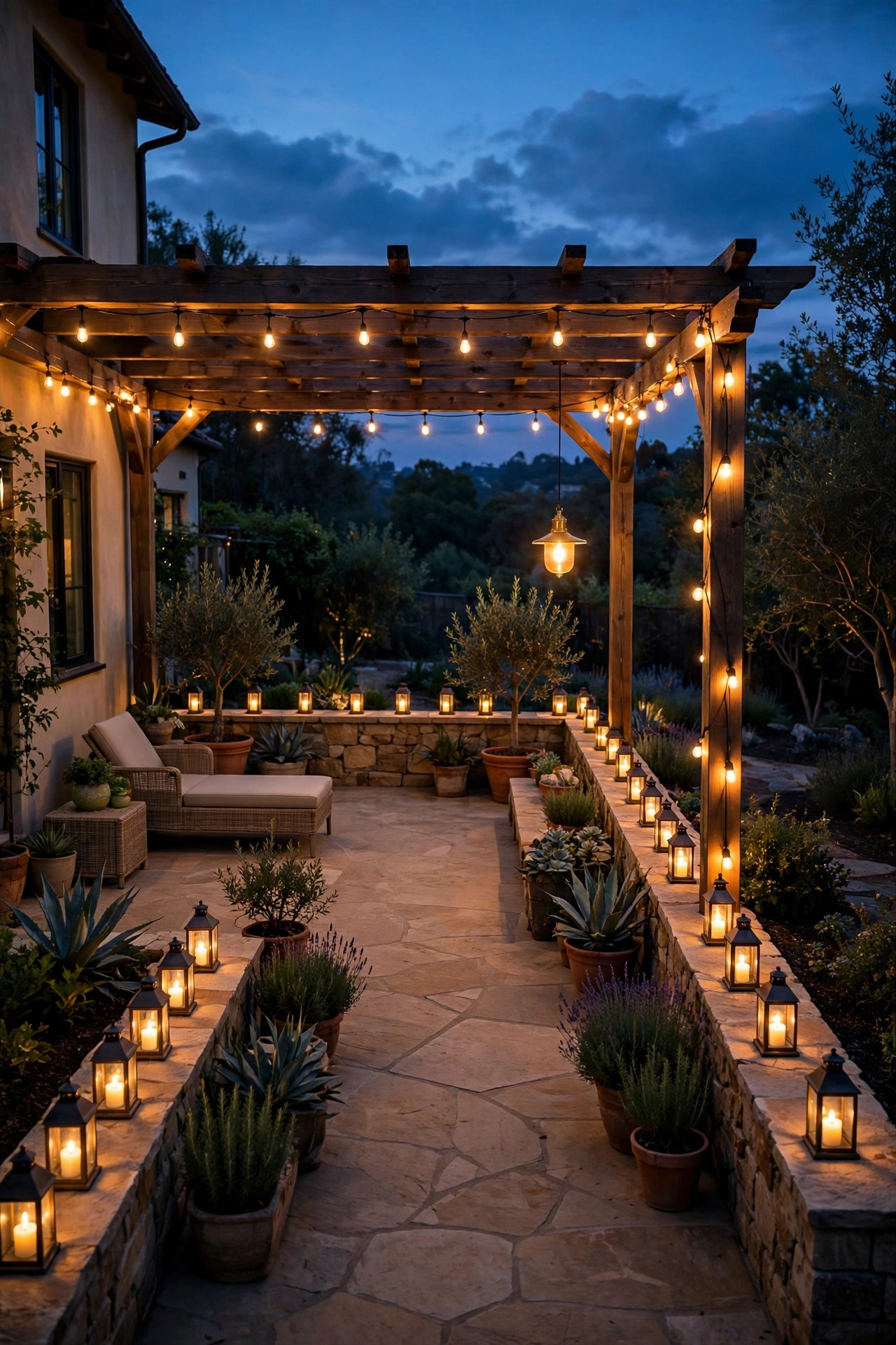 L-shaped patio at dusk with warm string lights along both arms, a glowing pendant at the inside corner and lanterns lining the outer edge