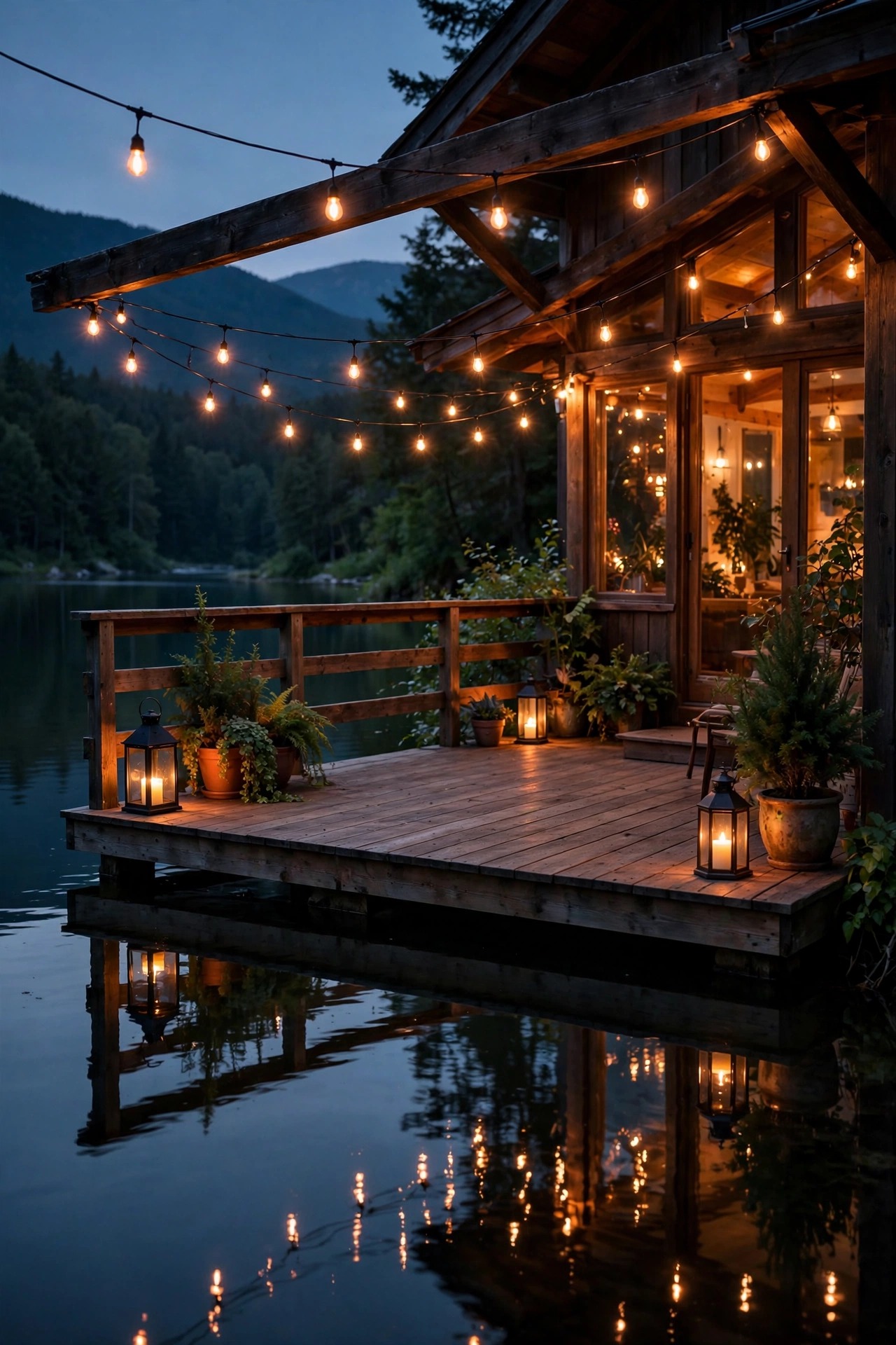 Lake house deck at dusk with warm layered lighting, string lights and lanterns reflecting on calm water