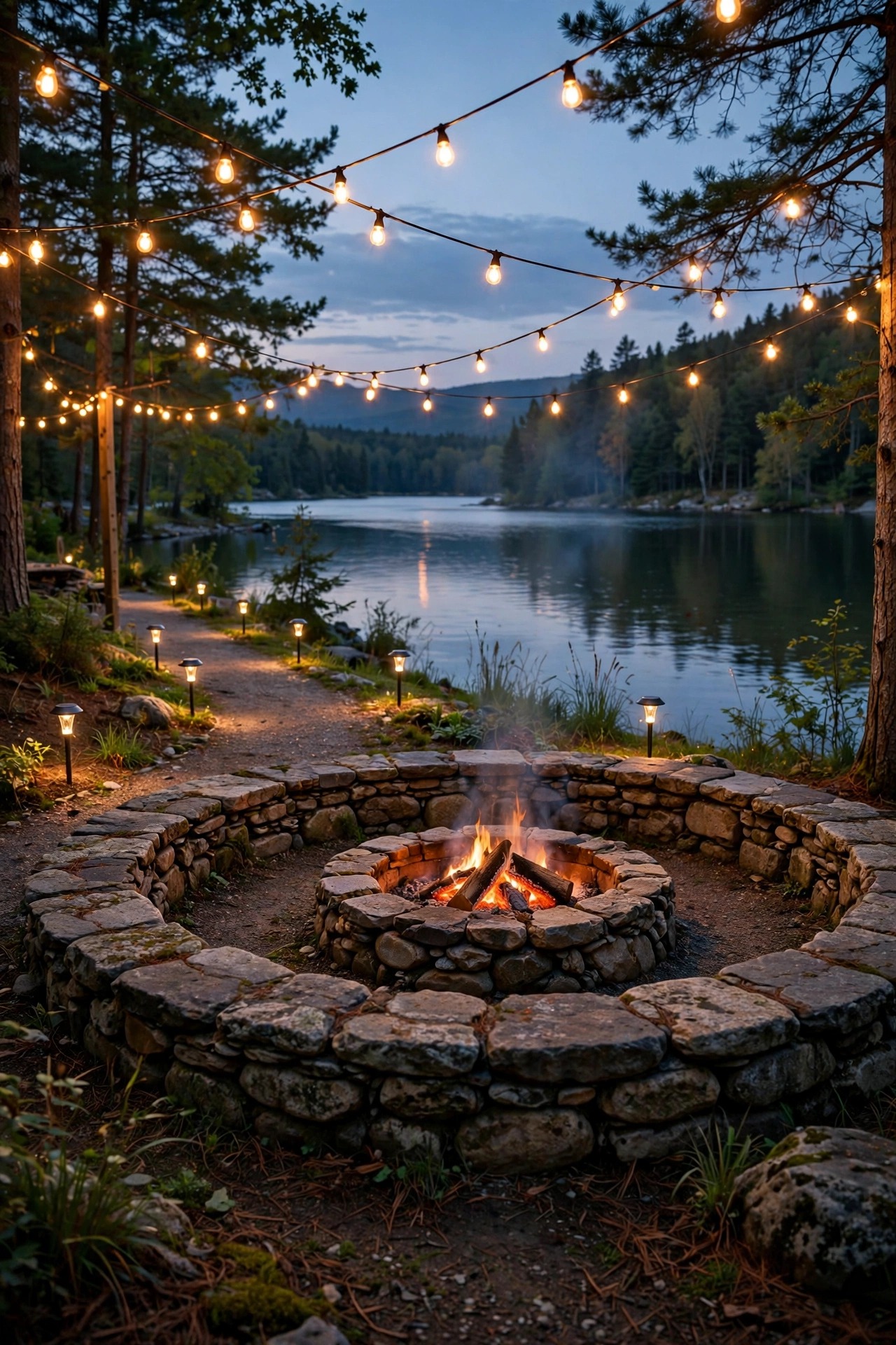 Lakeside fire pit at dusk surrounded by a stone seating circle, warm string lights overhead, solar path lights along the shore path and a calm lake behind