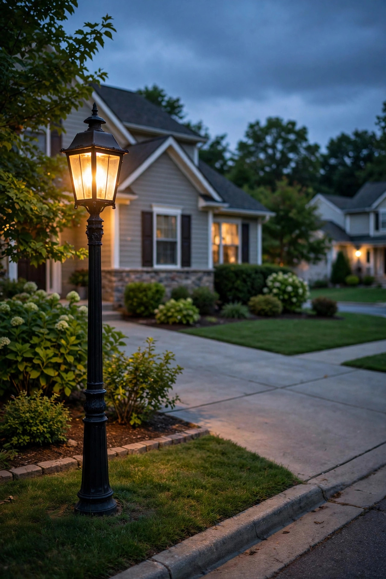 Classic black lamp post glowing warm white at dusk in a front yard beside a driveway, cozy suburban curb appeal