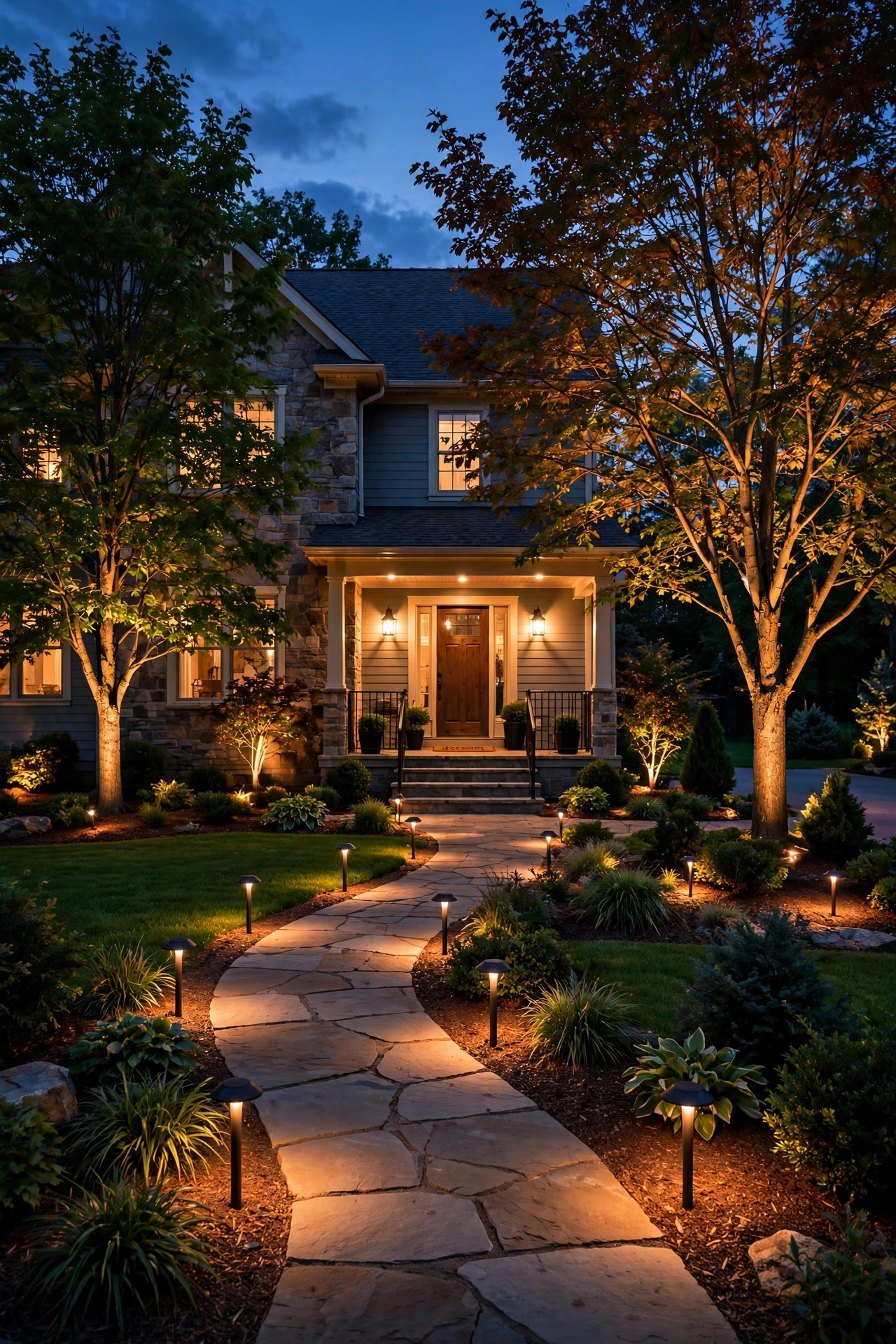 Warm low-voltage landscape lighting glowing across a suburban front yard at dusk with path lights, tree uplights and a lit porch showing what a well-planned landscape lighting budget buys