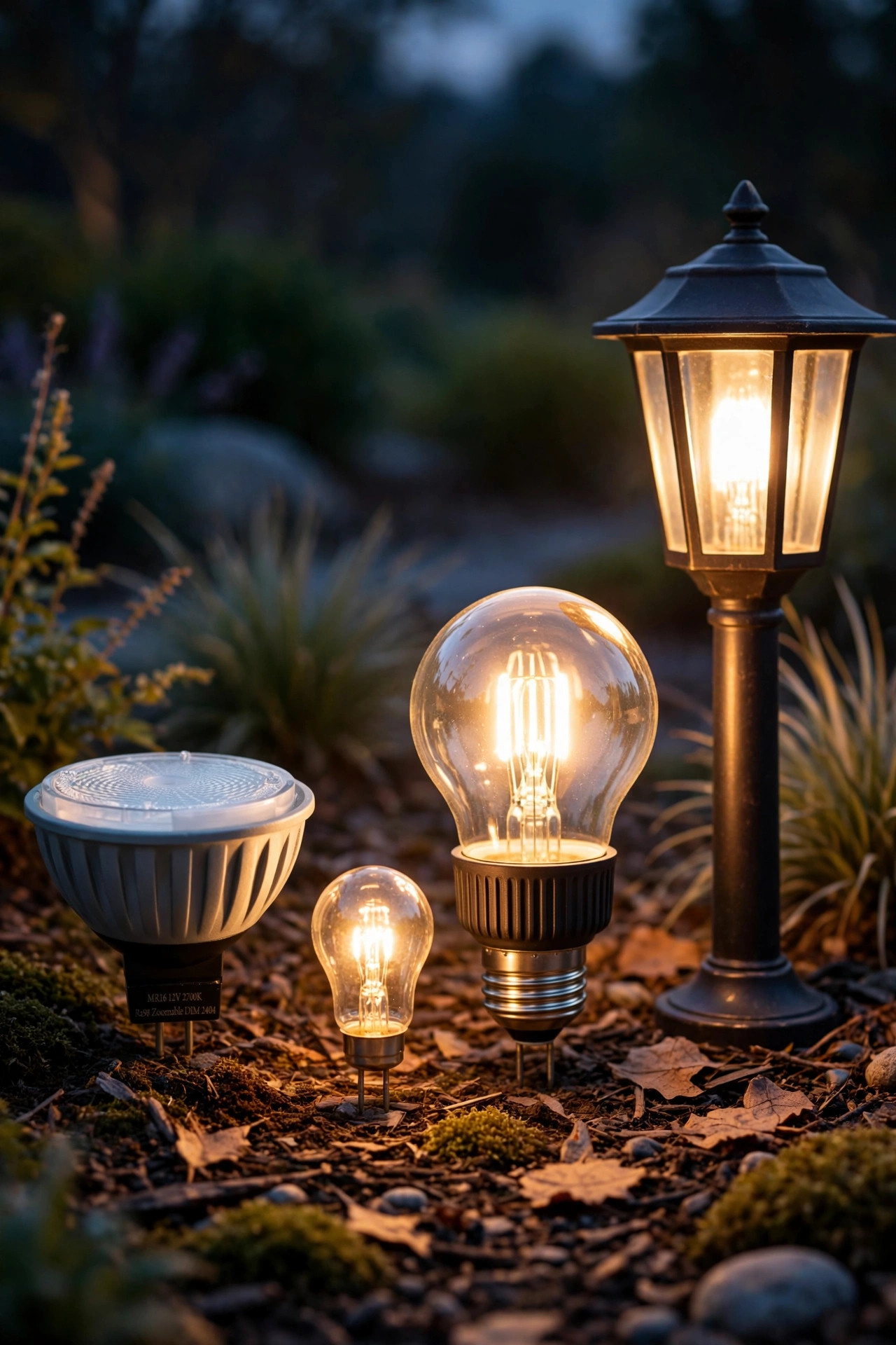 Collection of landscape lighting bulb types — MR16 spotlight, G4 bi-pin and PAR36 flood bulbs — beside a glowing path light at dusk