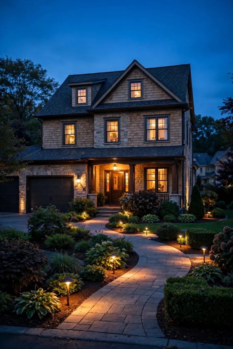 Beautifully lit suburban home exterior at dusk with landscape lighting glowing along the walkway and garden beds