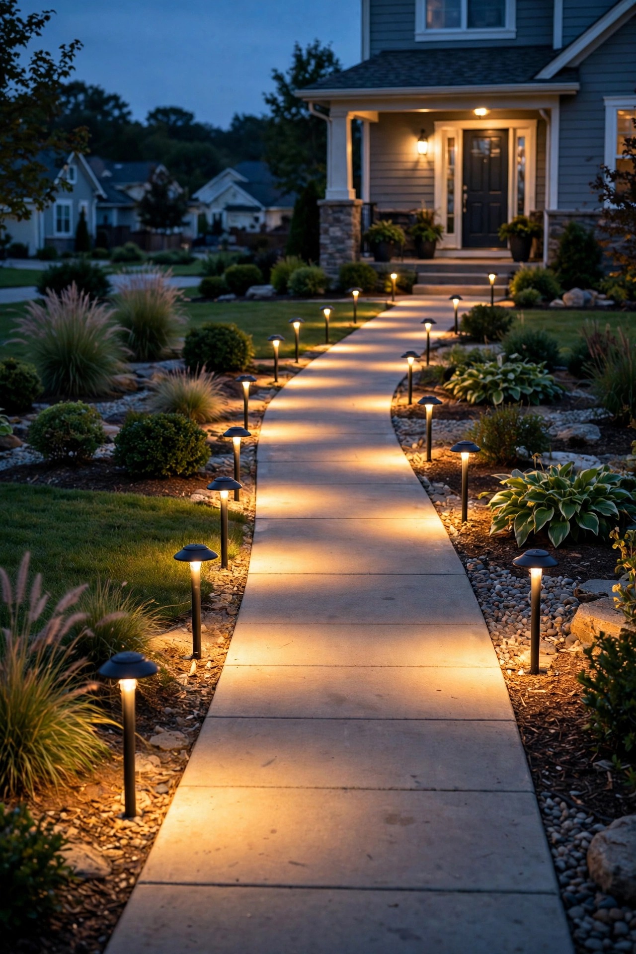 Suburban front walk at dusk with path lights spaced evenly so their pools of warm light just touch, forming one continuous ribbon of light