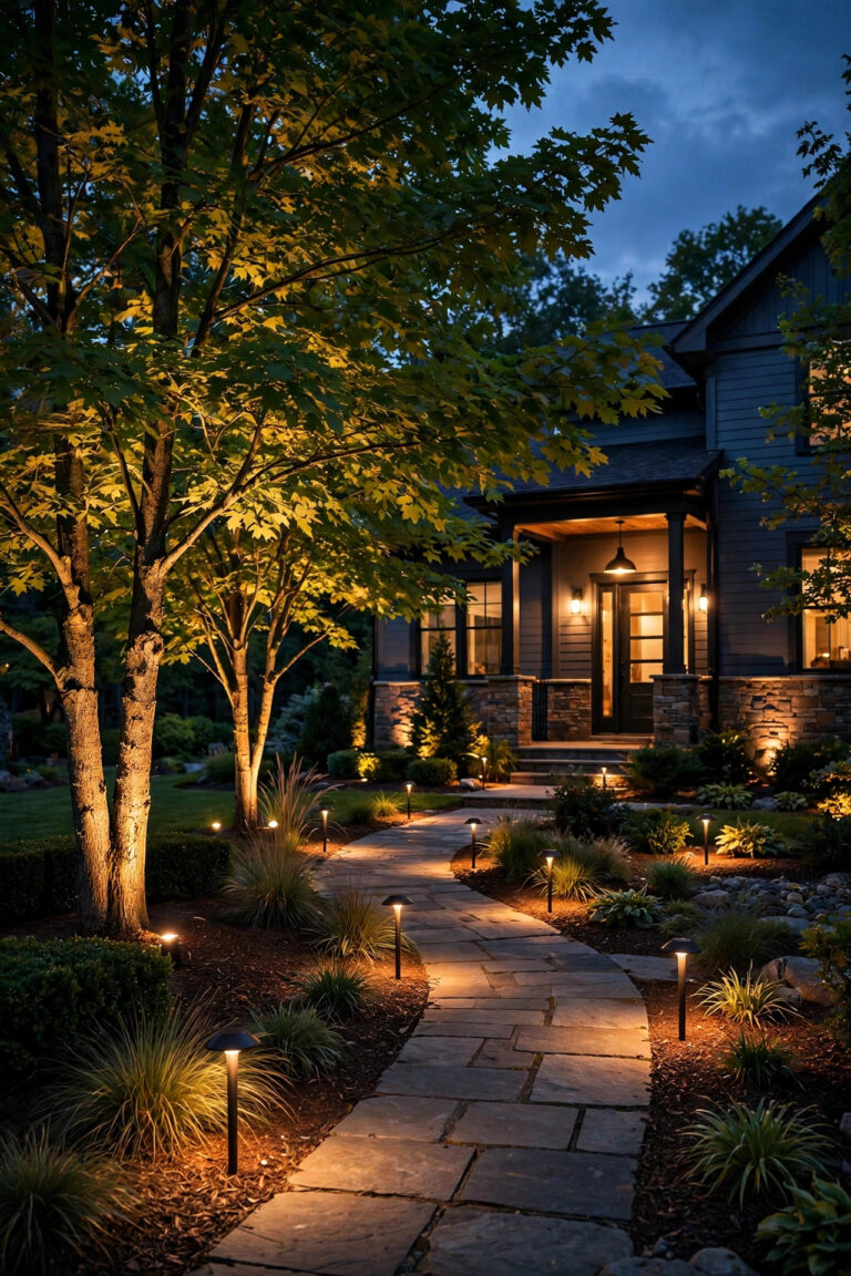 Beautifully layered front yard landscape lighting at dusk with path lights, tree uplights and a warm porch glow