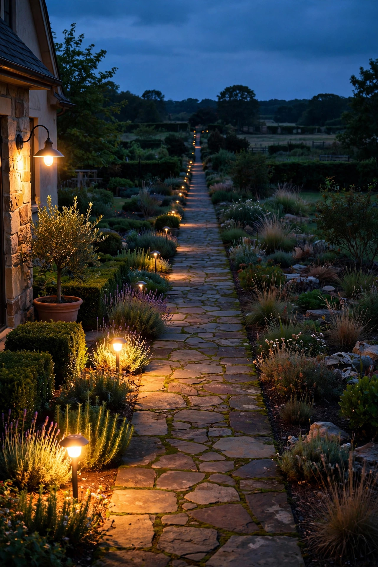 Long garden path at dusk showing landscape lighting voltage drop, with bright warm path lights near the house fading to dim amber lights at the far end