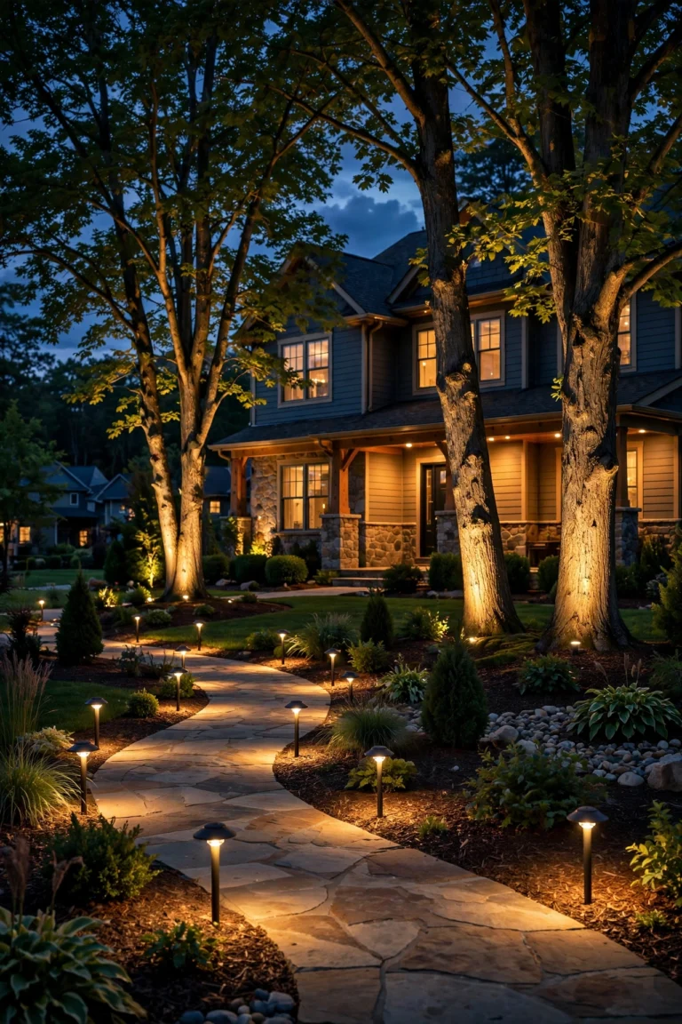 Layered landscape lighting zones — path, accent and wash lights glowing on a suburban American home at dusk