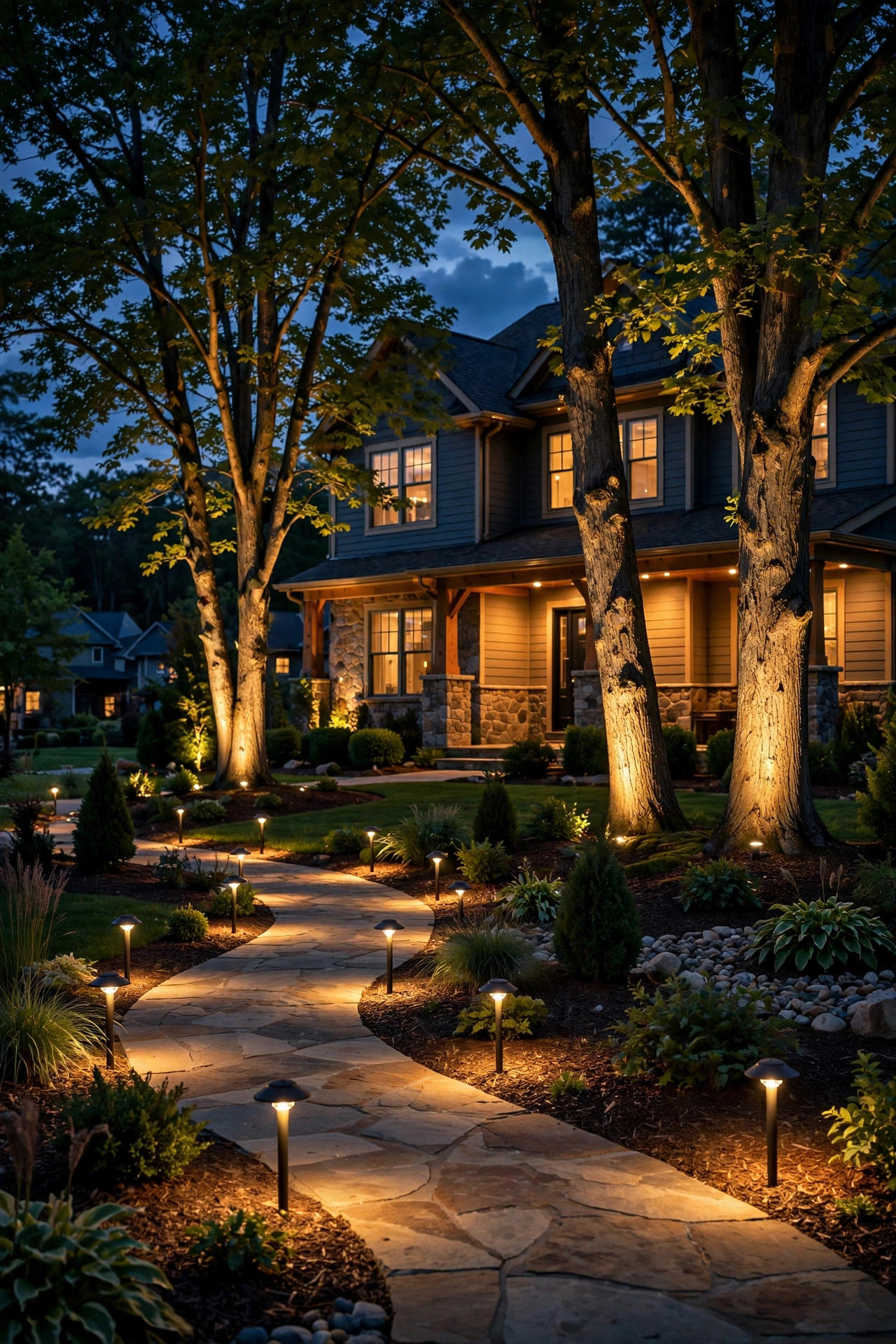 Layered landscape lighting zones — path, accent and wash lights glowing on a suburban American home at dusk