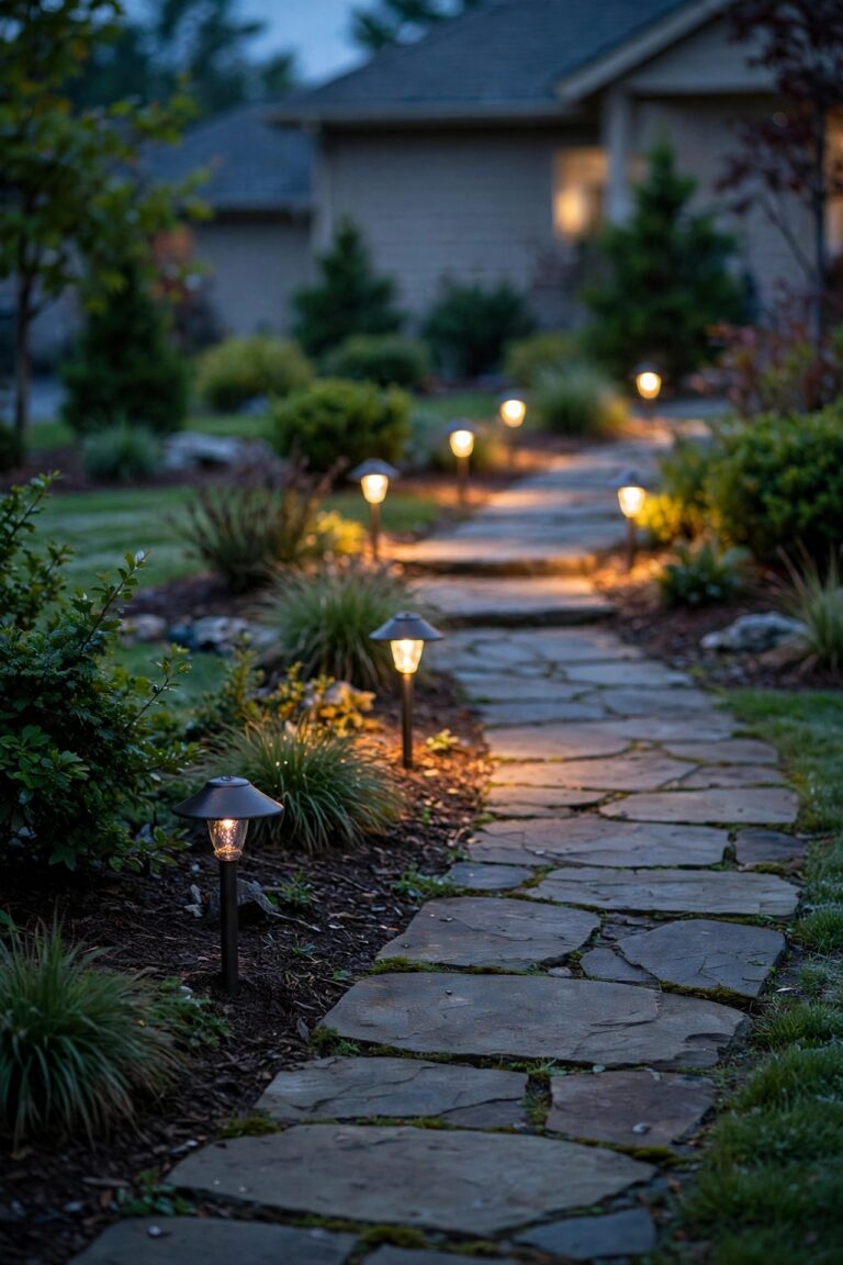Suburban front yard at dusk with warm glowing landscape path lights where one light flickers beside a stone walkway