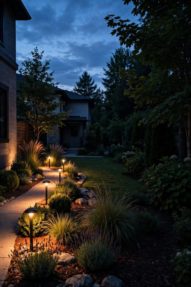 Front yard at dusk with warm glowing path lights on one side and a dark unlit landscape lighting zone on the other