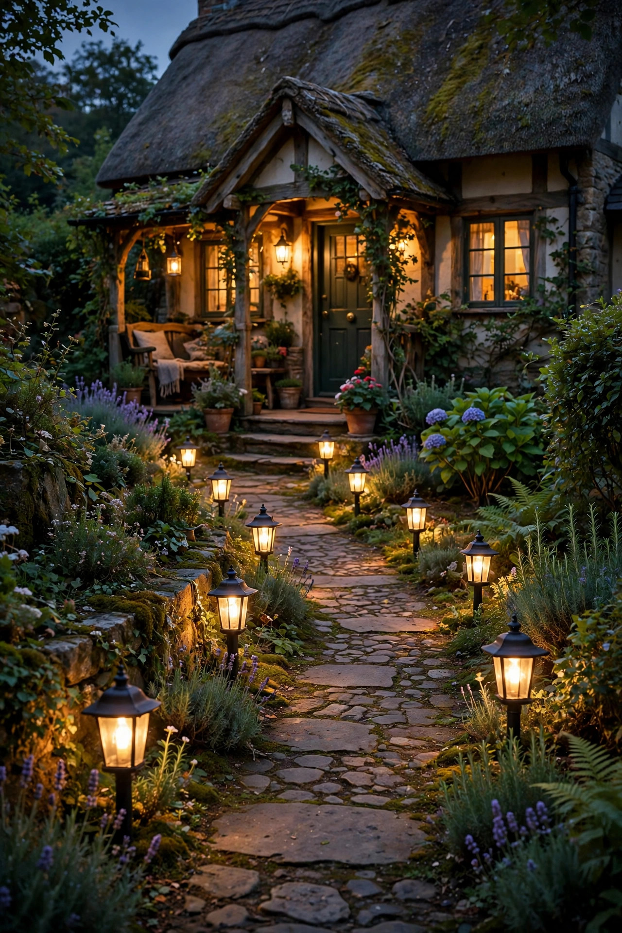 Storybook front walkway at dusk lined with warm glowing lantern style path lights leading to a cozy cottage porch