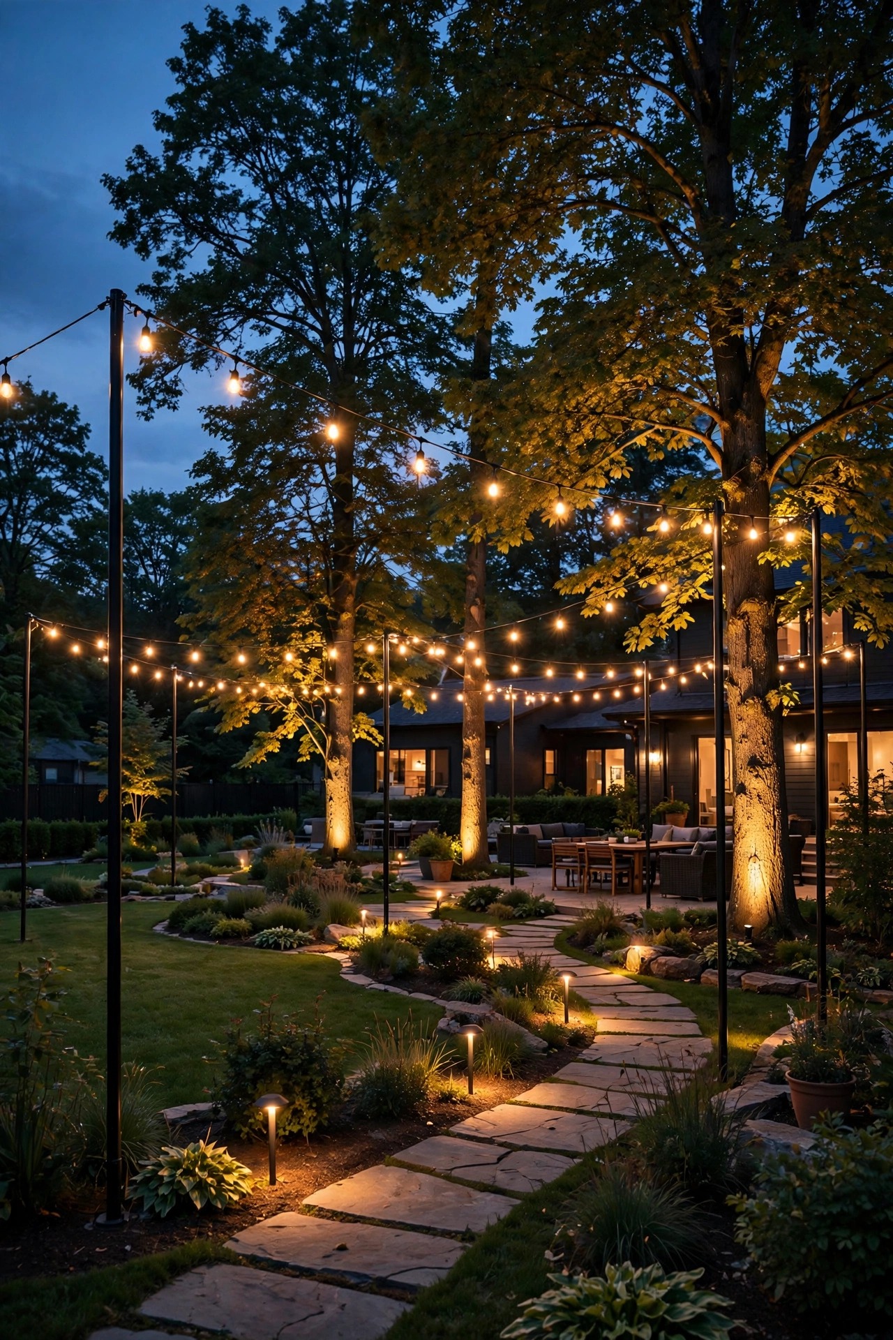 Large backyard at dusk with layered lighting, string lights on tall poles, uplit trees and glowing path lights