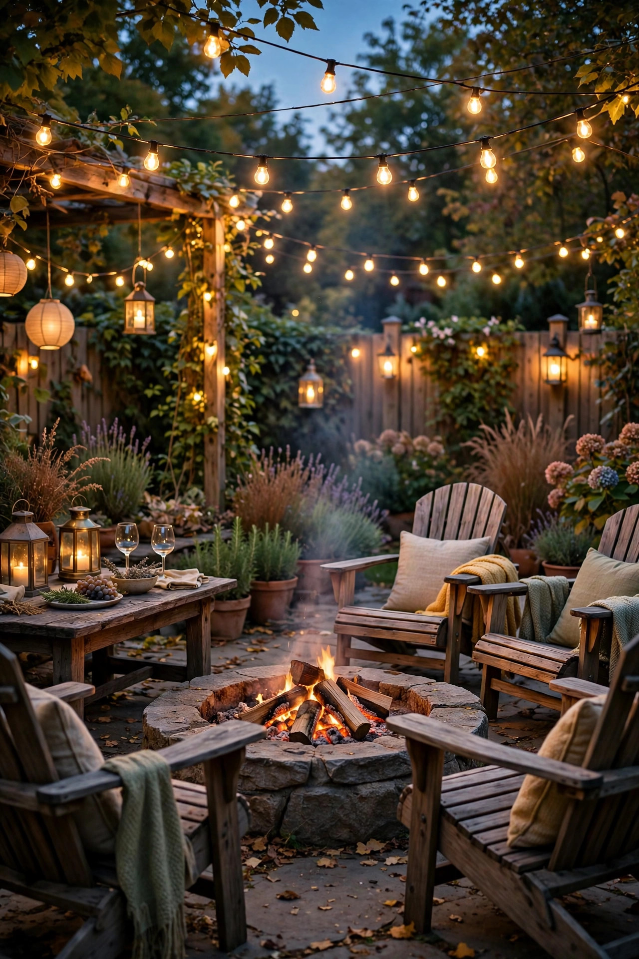 Backyard at dusk in late summer with warm string lights, lanterns, and a fire pit glowing for one last evening gathering