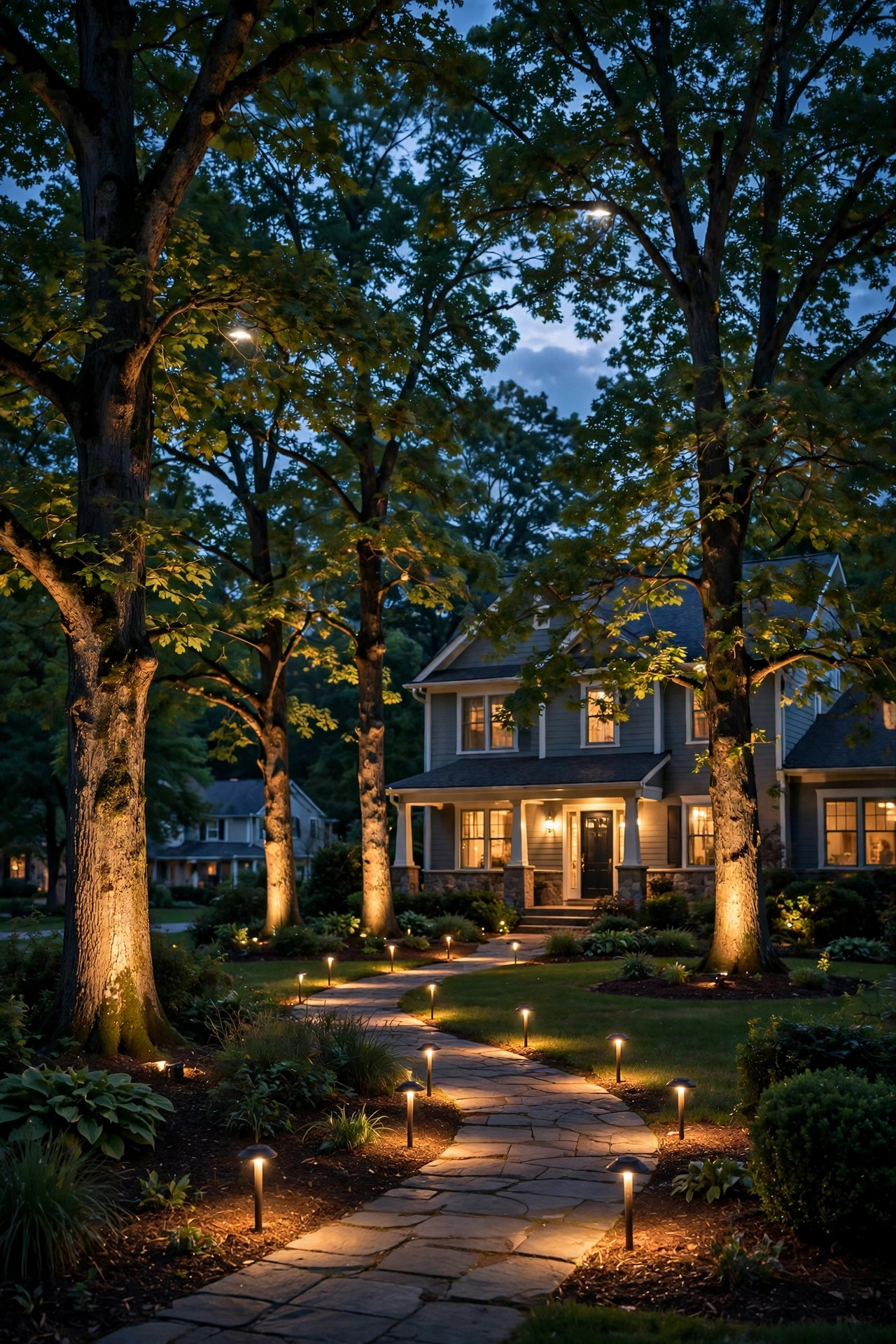 Layered landscape lighting glowing across a front yard at dusk, with warm path lights, tree uplights, and moonlighting in the canopy