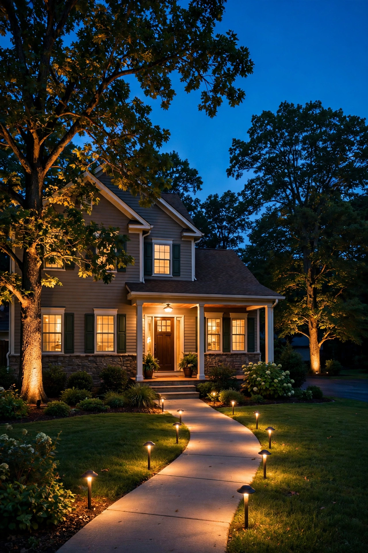 Suburban front yard at dusk glowing with warm LED path lights, spotlights uplighting trees, and a lit front porch