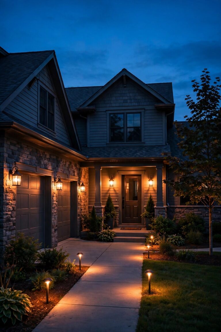 Warm dusk view of a suburban home after a full LED bulb swap, glowing porch sconces, garage coach lights and path lights all in matching warm white