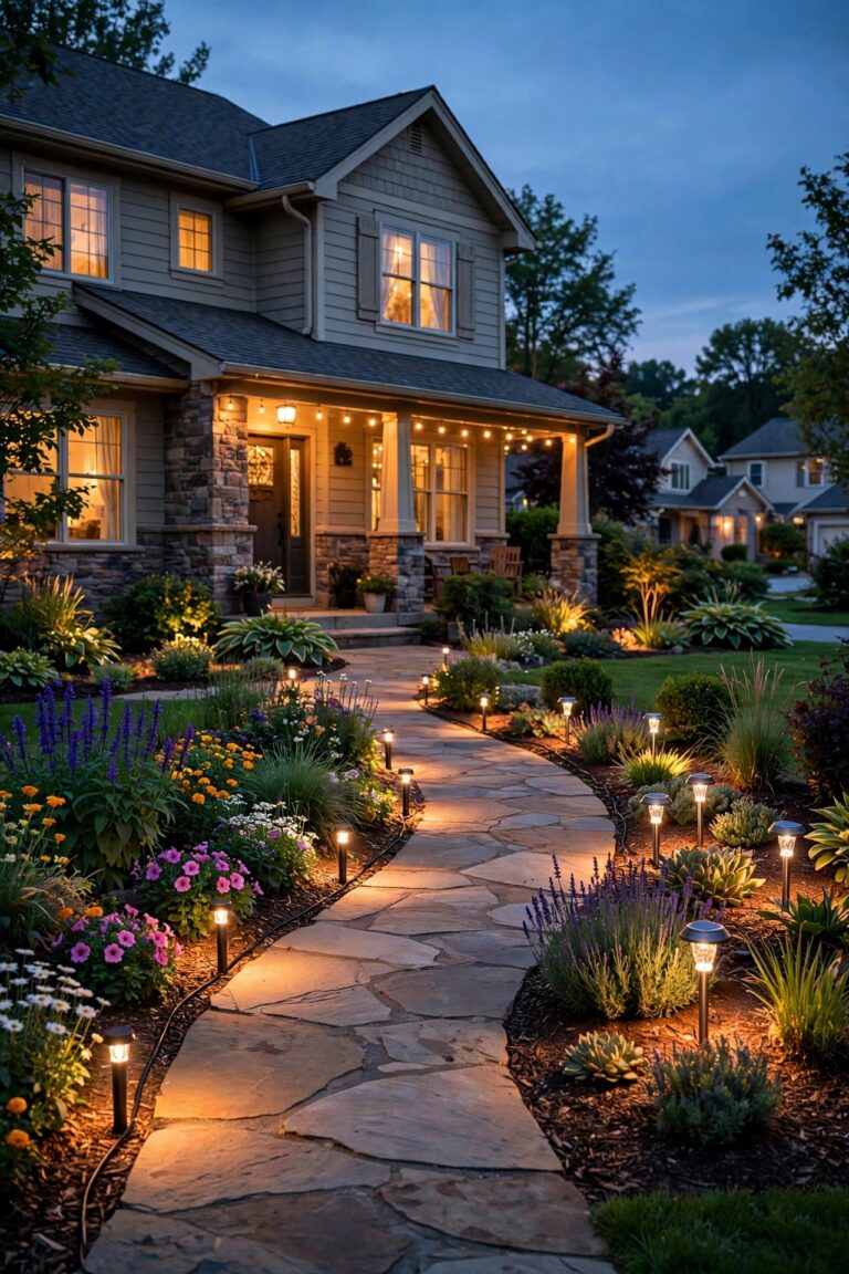 Front yard flower beds glowing at dusk with warm wired LED path and accent lights, solar stake lights in a side bed, cozy suburban home at twilight