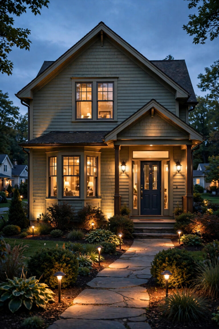 American suburban home at dusk with warm layered outdoor lighting showing how light plays against the siding color for nighttime curb appeal