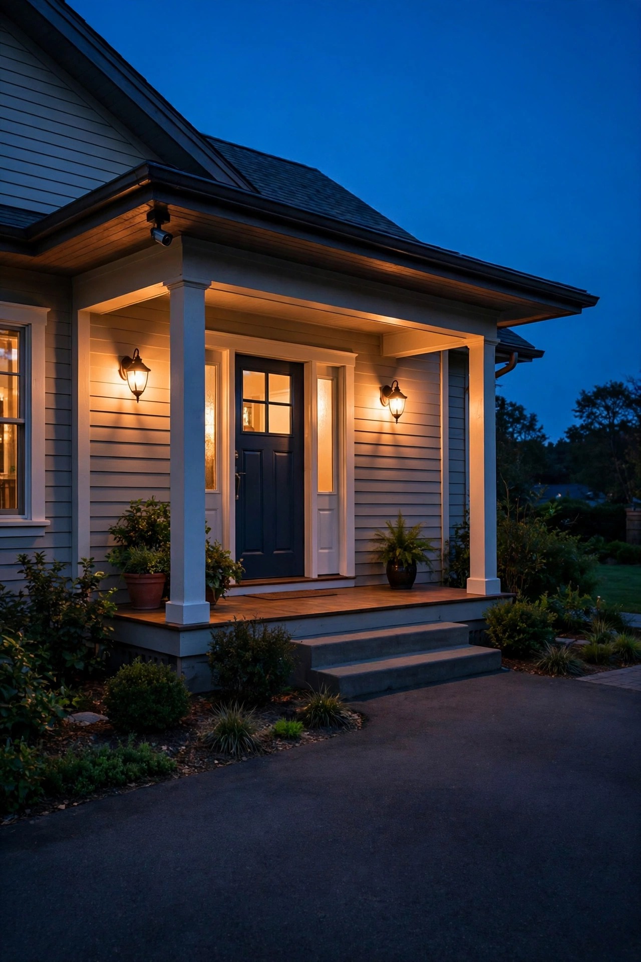 Suburban front porch and driveway at night evenly lit by warm shielded lights, a small security camera mounted under the eave recording a clear well-lit entry