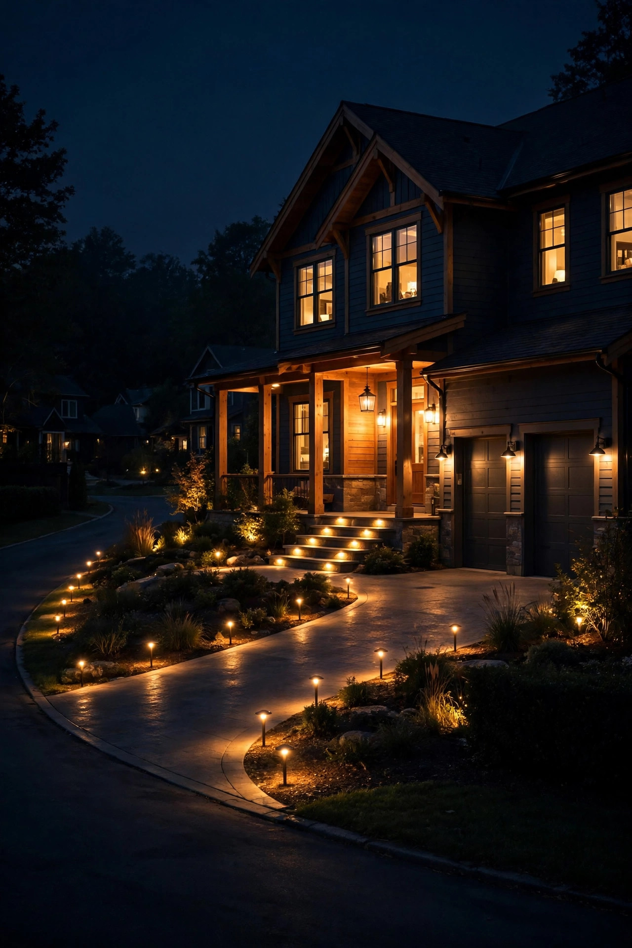 House glowing warmly at night on a dark street with no streetlights, layered outdoor lighting from driveway to front porch