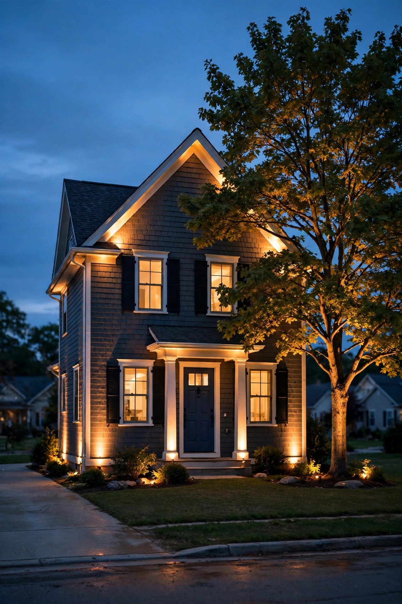 Small suburban house at dusk glowing with warm uplighting on its corners, facade, and front tree, looking larger and grander from the street