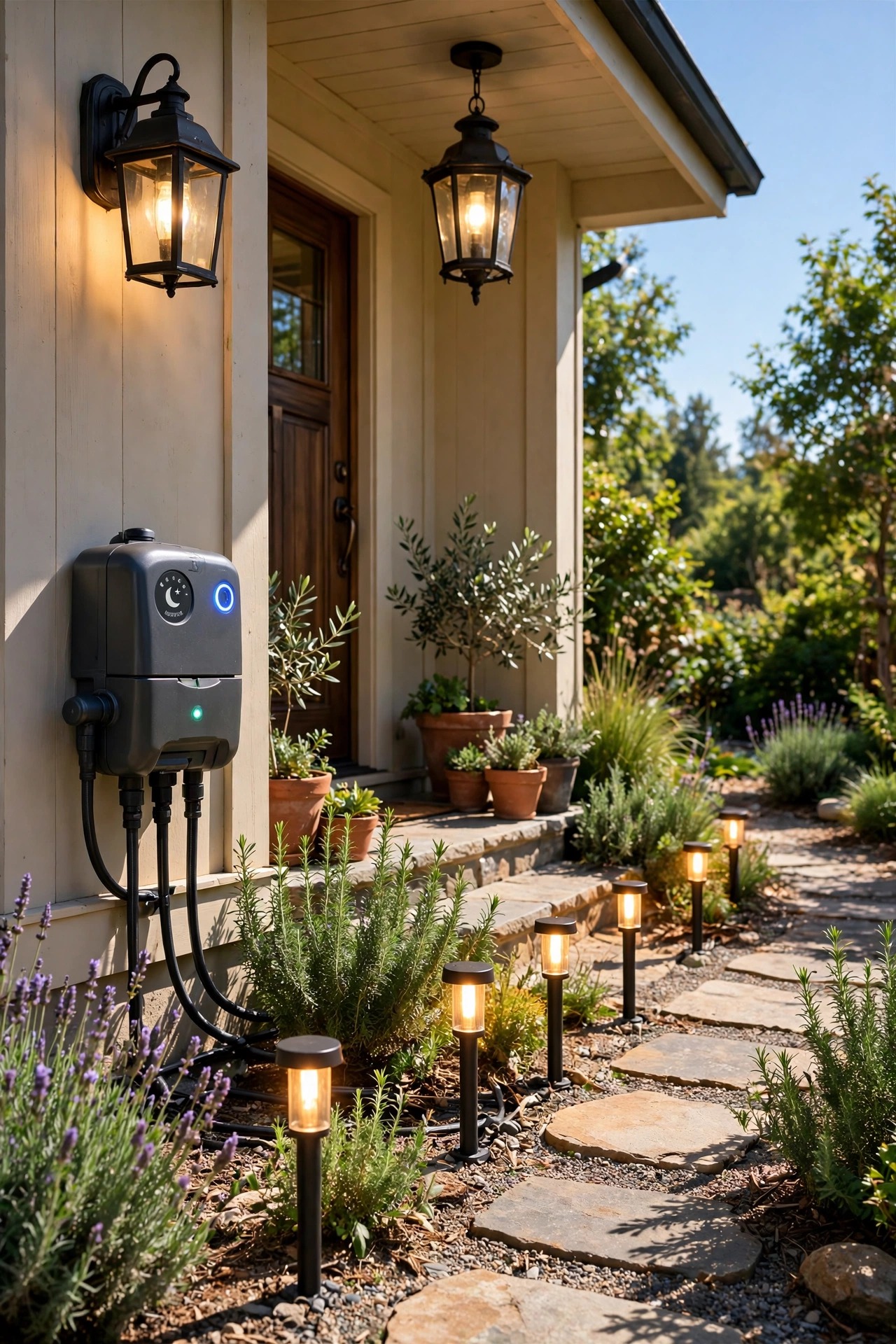 Outdoor path lights and a porch lantern glowing in bright midday sunshine while a garden timer runs the wrong schedule