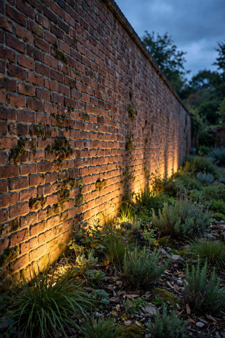 Long brick garden wall at dusk washed in an even ribbon of warm light from linear LED wash bars hidden in the planting bed below
