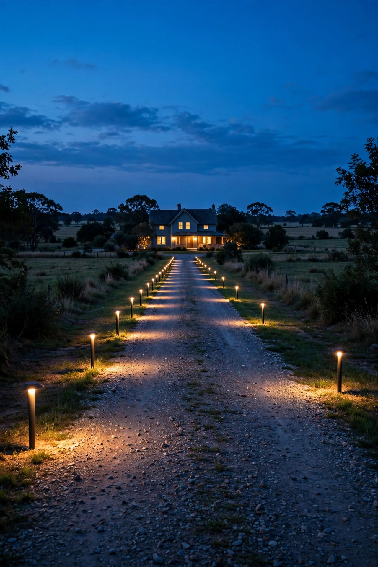 Long driveway lighting ideas with warm staggered path lights lining a country driveway at dusk