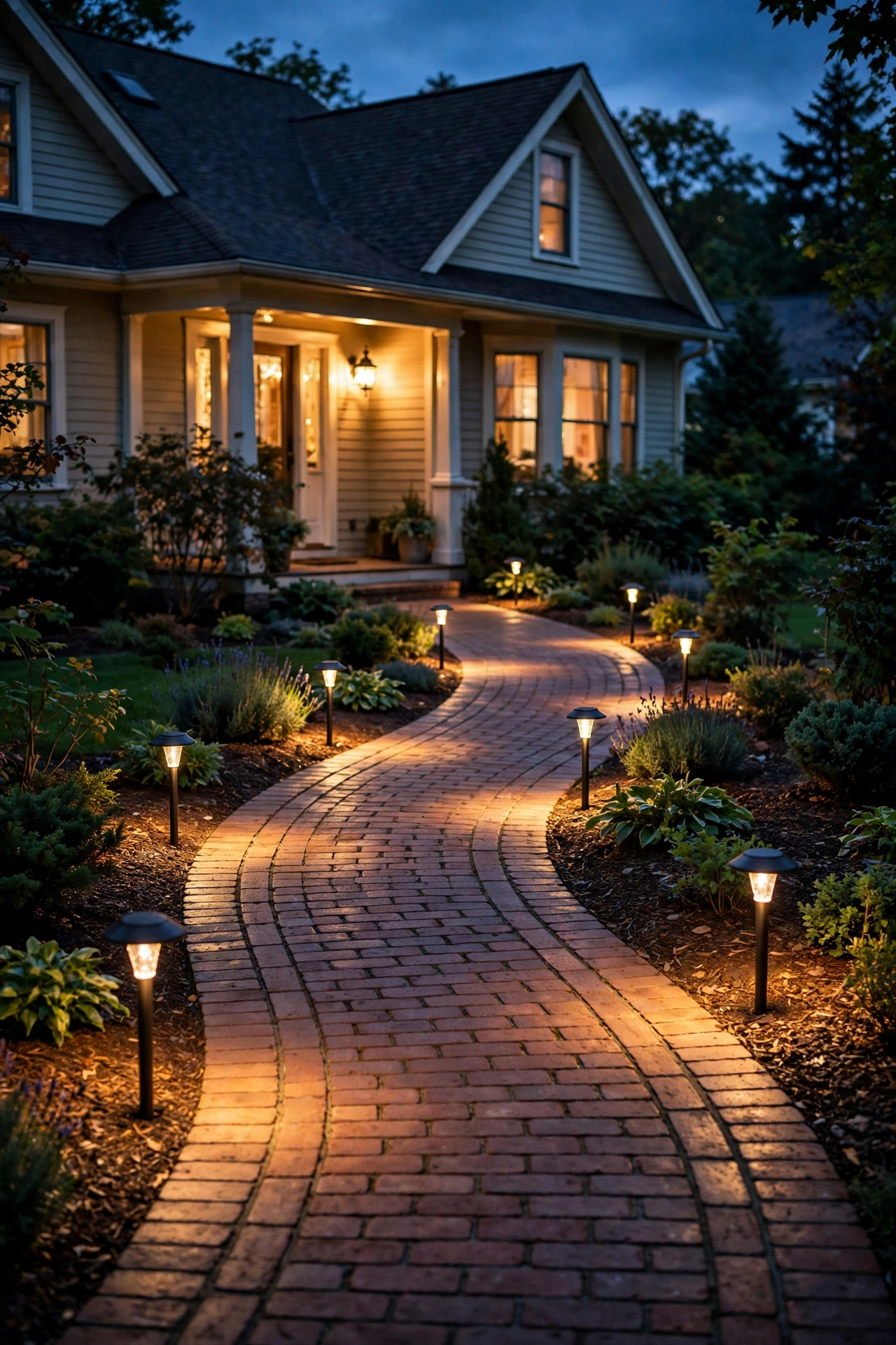 Warm white low voltage path lights glowing along a curved brick walkway at dusk in front of a cozy home
