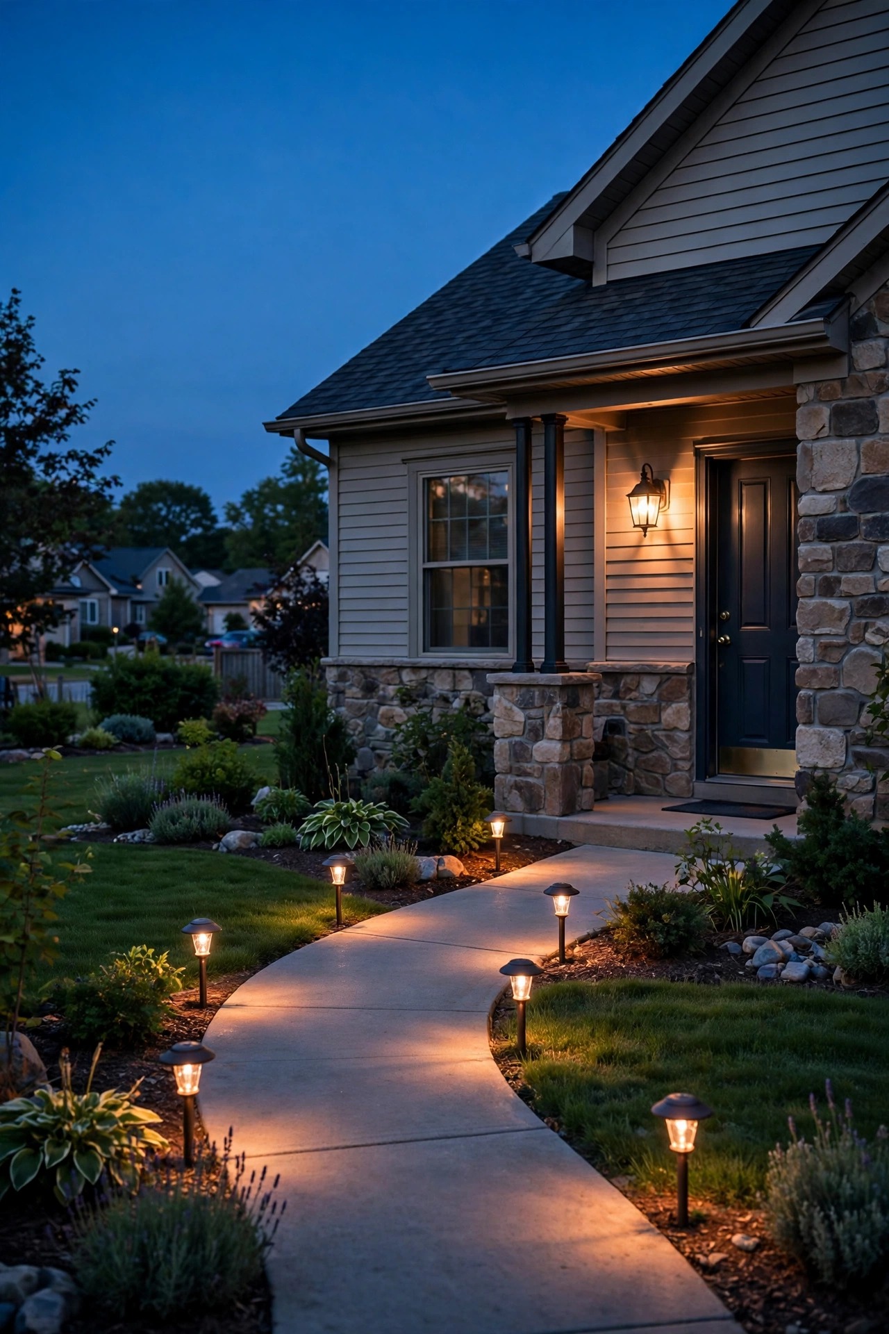 Warm dusk view of a suburban front yard with low-voltage path lights guiding a walkway and a line-voltage porch lantern glowing beside the front door