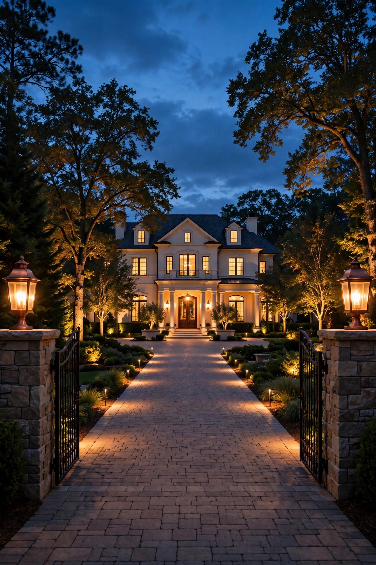 Luxury front yard lighting ideas on an elegant home at dusk, with glowing gate pier lanterns, a symmetrically lit driveway, uplit trees, and a warm grand entrance