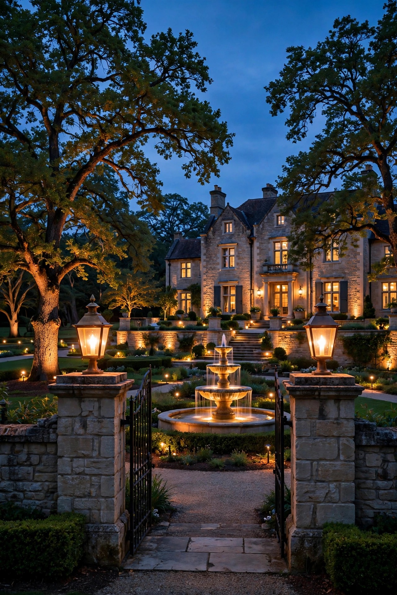 Luxury outdoor lighting ideas on a grand stone estate home at dusk, with warm gate pier lanterns, uplit oak trees, a glowing fountain, and layered landscape lighting