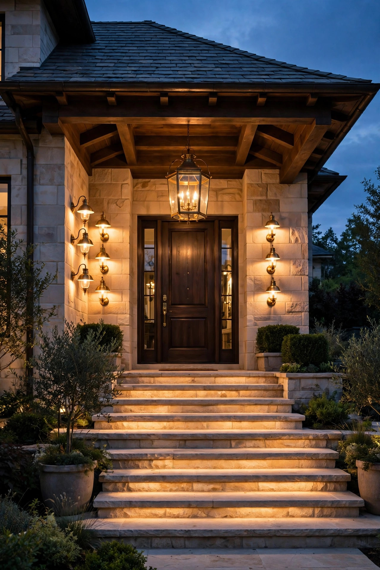 Luxury porch and entry lighting at dusk with layered brass sconces, an oversized hanging lantern and warm light washing wide stone steps