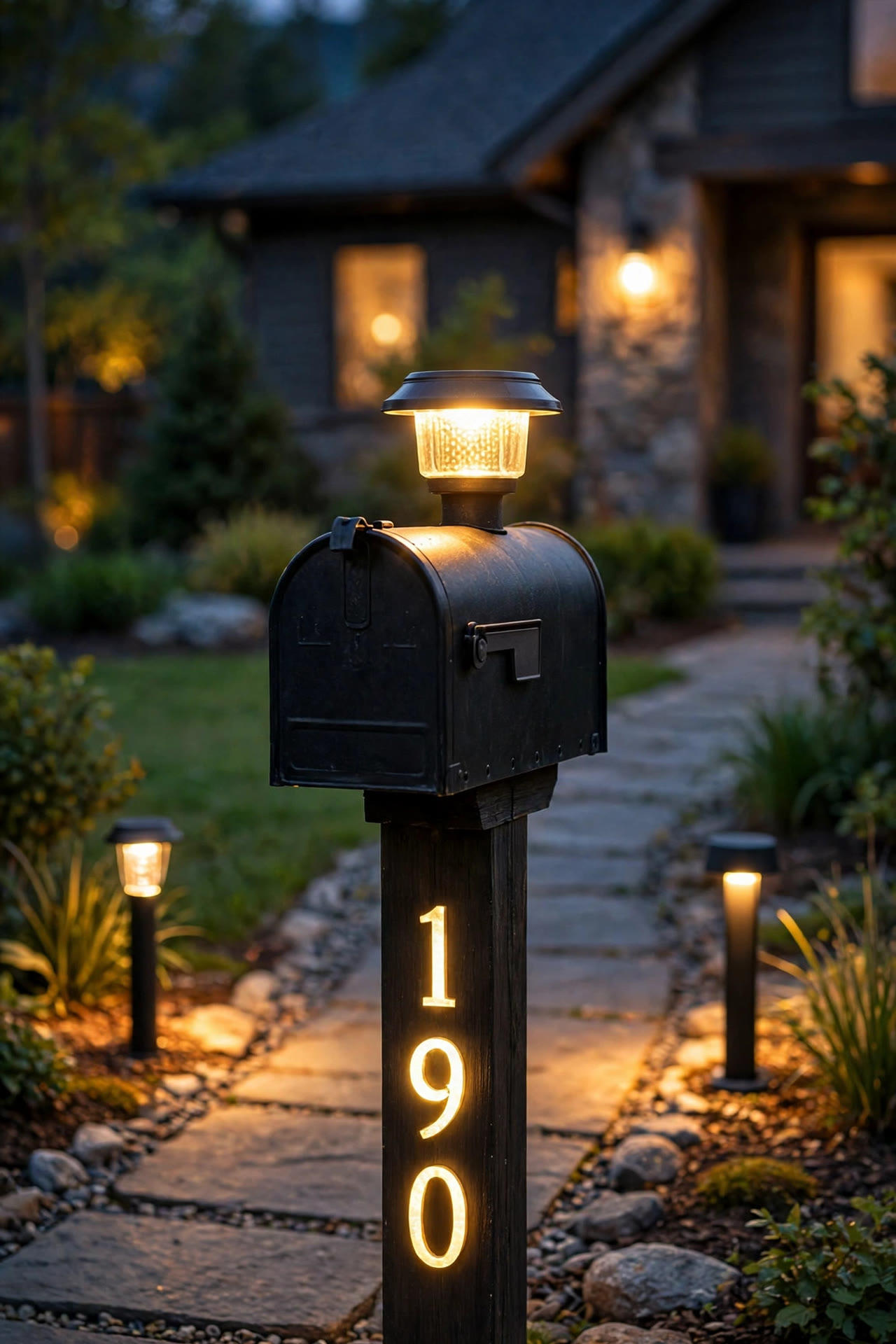 Mailbox at the curb glowing warmly at dusk with a solar post cap light, flanking path lights and illuminated house numbers