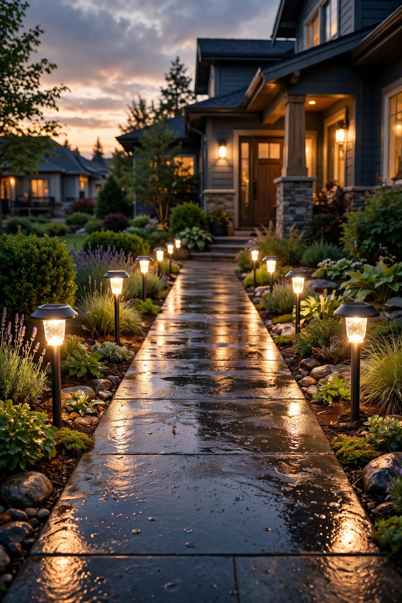 Solar path lights glowing brightly at full strength along a front walkway at dusk after cleaning and new batteries