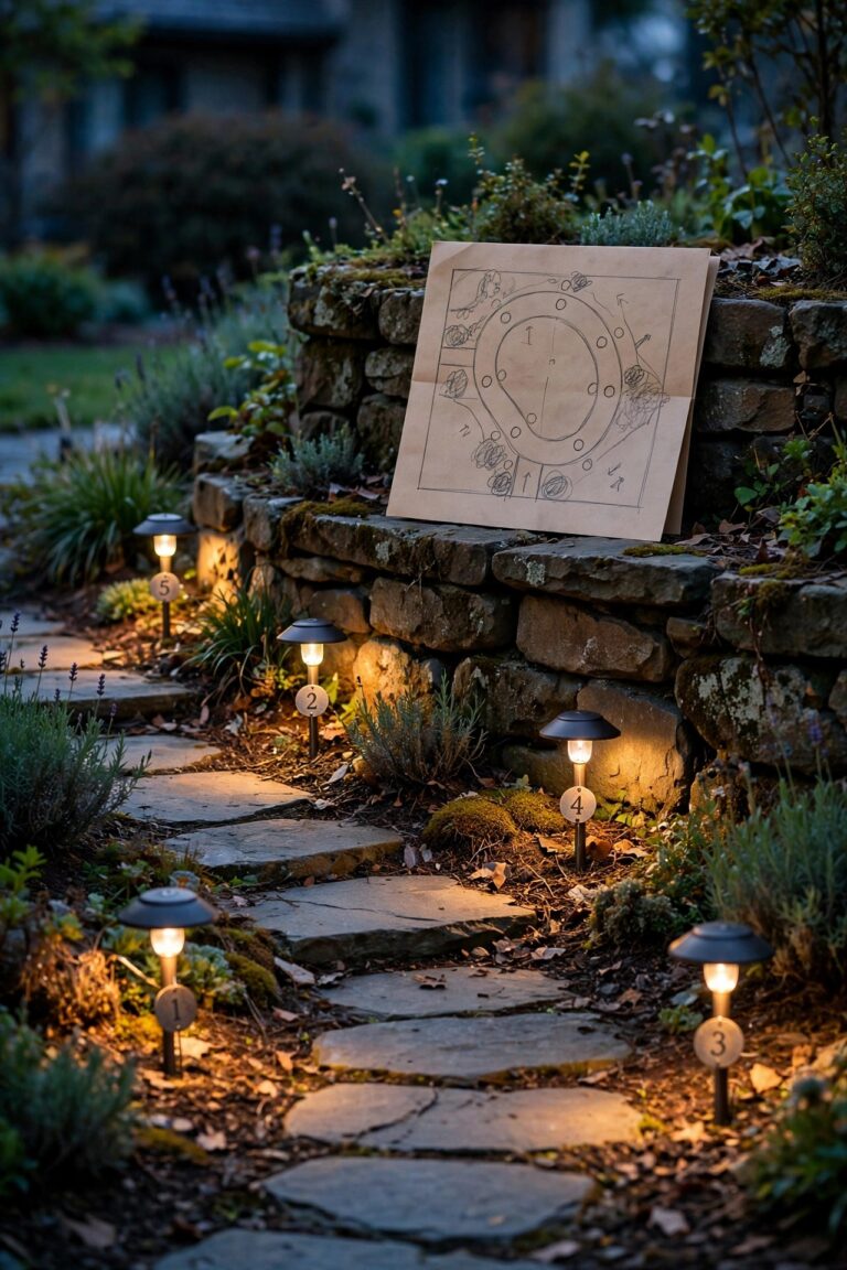 Front yard landscape lights glowing warmly at dusk with small numbered tags at the path light bases, a hand-drawn yard lighting map resting on the garden wall
