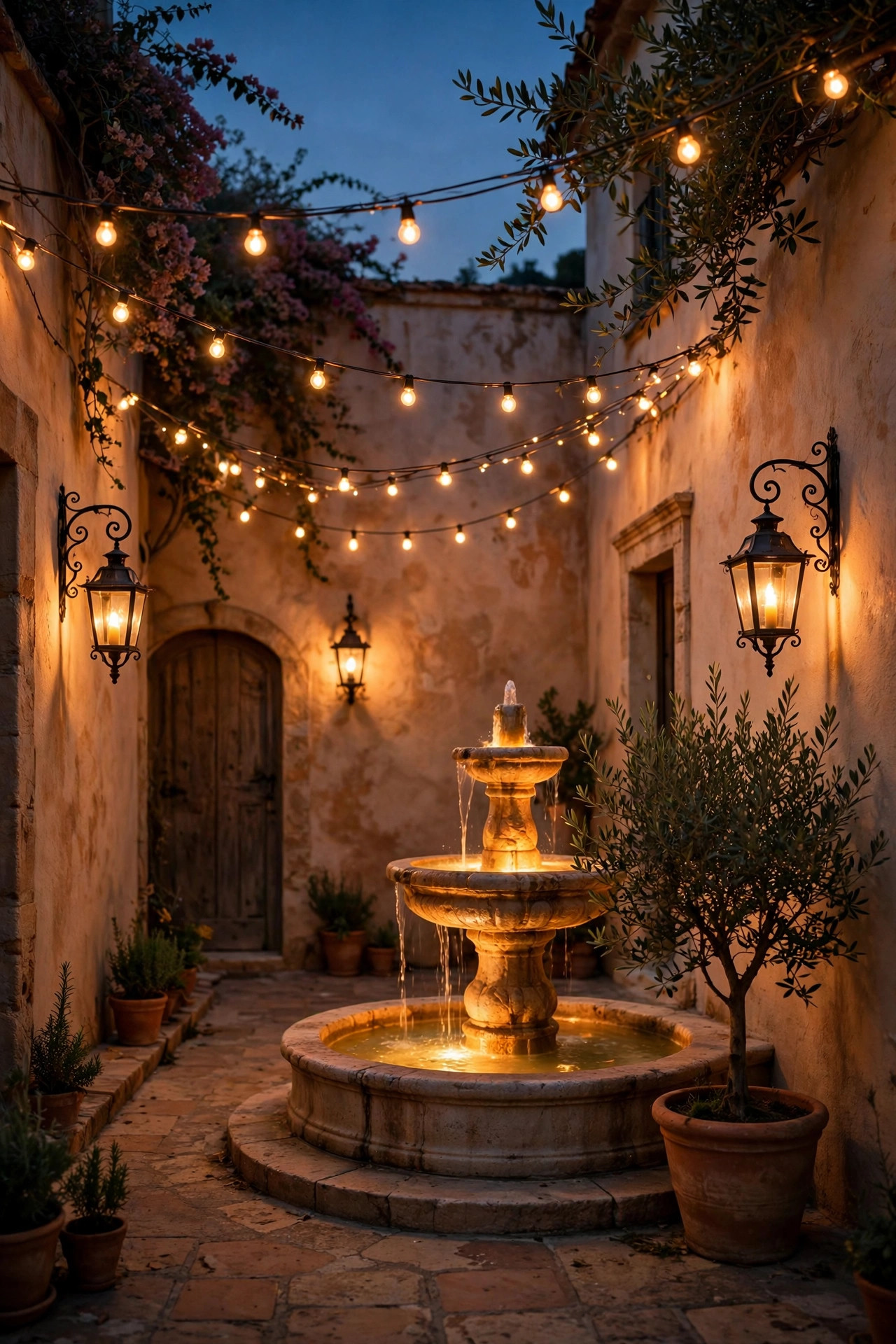 Mediterranean courtyard at dusk with wrought iron lanterns, overhead string lights, a glowing fountain and a potted olive tree in warm light