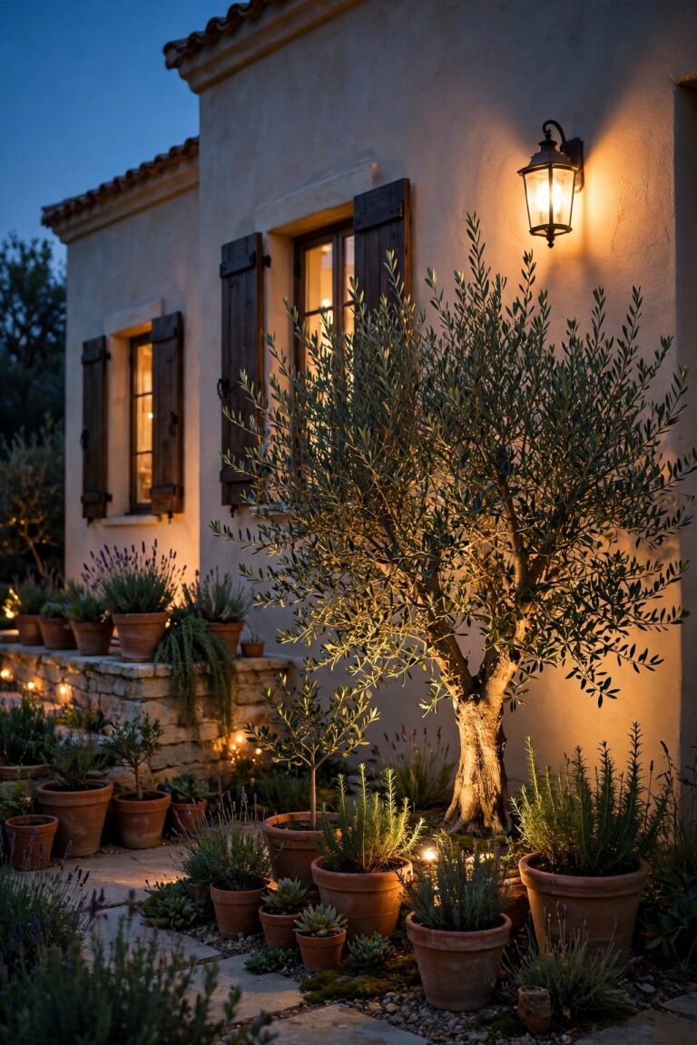 Mediterranean style home front yard at dusk with warm lantern light, uplighted olive tree, terracotta pots and a glowing stucco facade