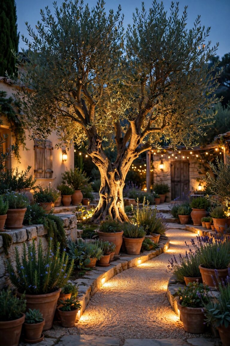 Mediterranean garden at dusk with warm layered lighting, uplighted olive tree, terracotta pots and a glowing gravel path