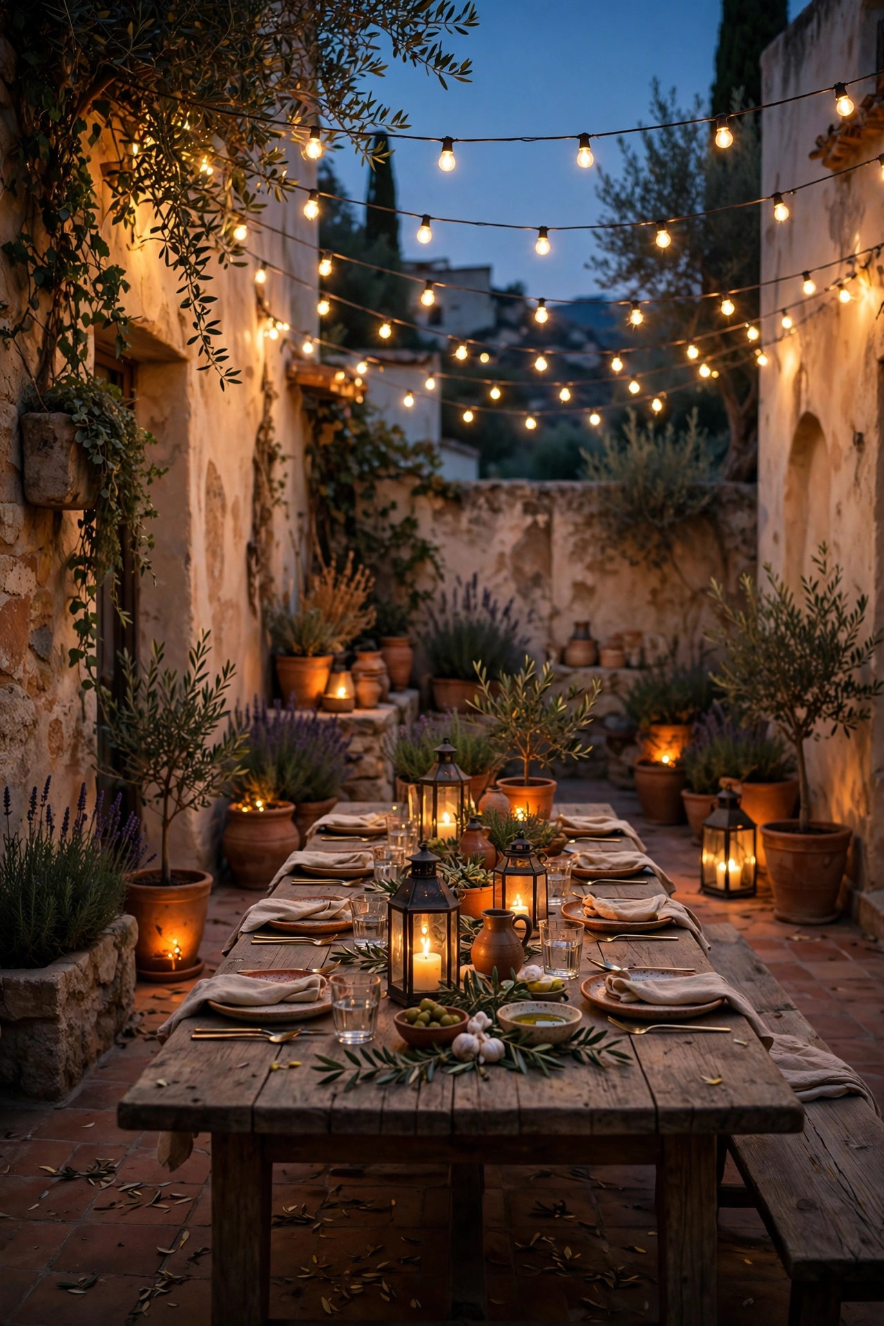 Mediterranean patio at dusk with warm string lights over a long dining table, iron lanterns and terracotta pots glowing