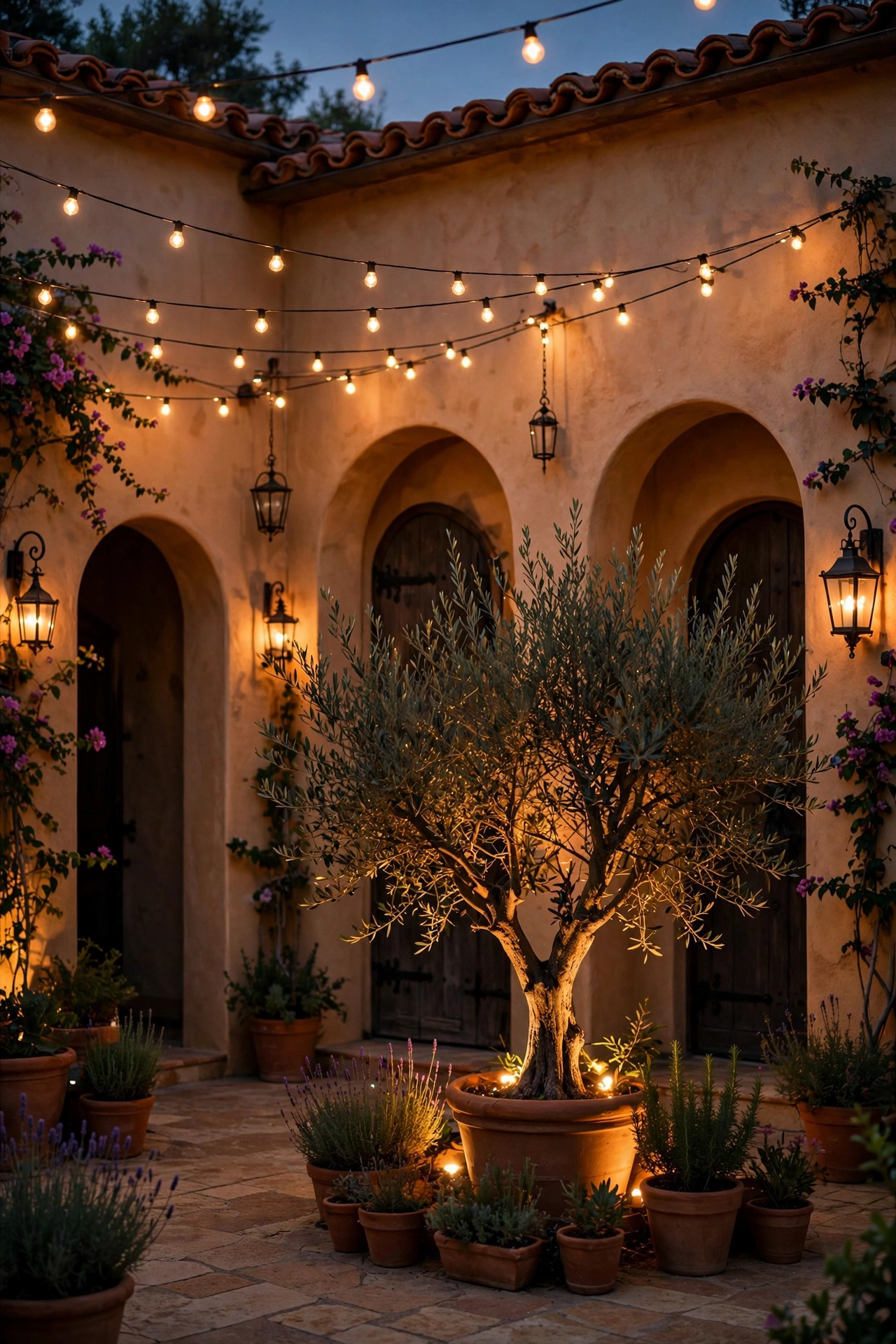 Mediterranean villa courtyard at dusk with glowing wrought-iron lanterns, string lights, and warm uplighting on an olive tree