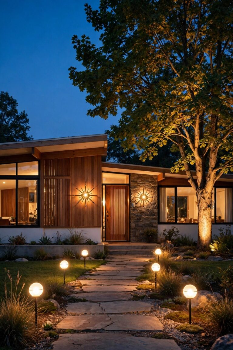 Mid-century modern front yard lighting at dusk with globe path lights, starburst sconces and an uplit tree on a low ranch home