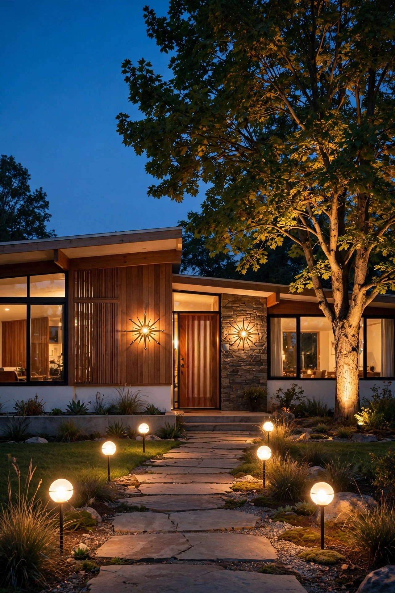 Mid-century modern front yard lighting at dusk with globe path lights, starburst sconces and an uplit tree on a low ranch home