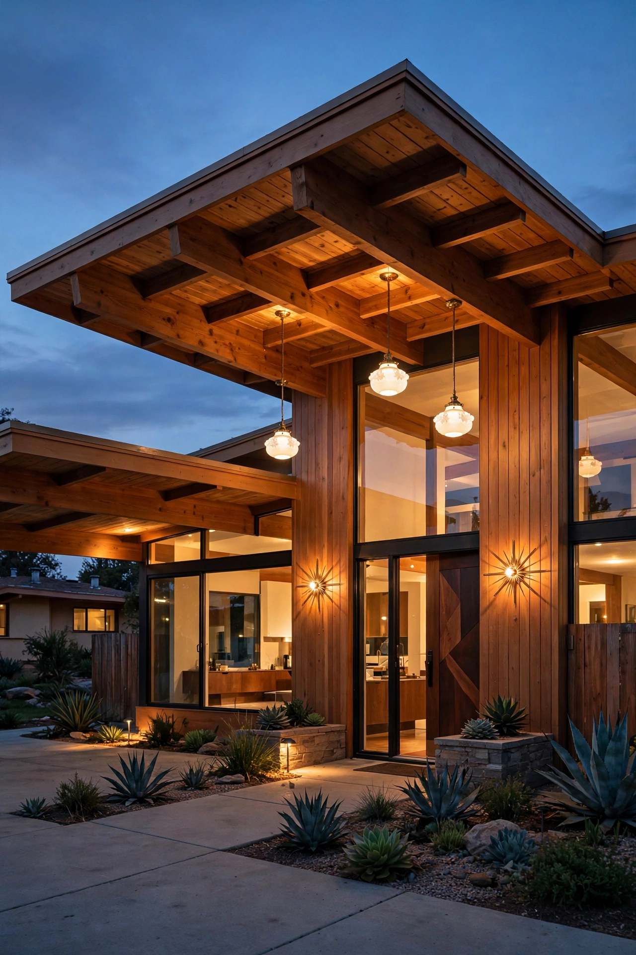 Eichler-style home at dusk with starburst sconces, globe pendants, and warm mid century modern outdoor lighting glowing under the eaves