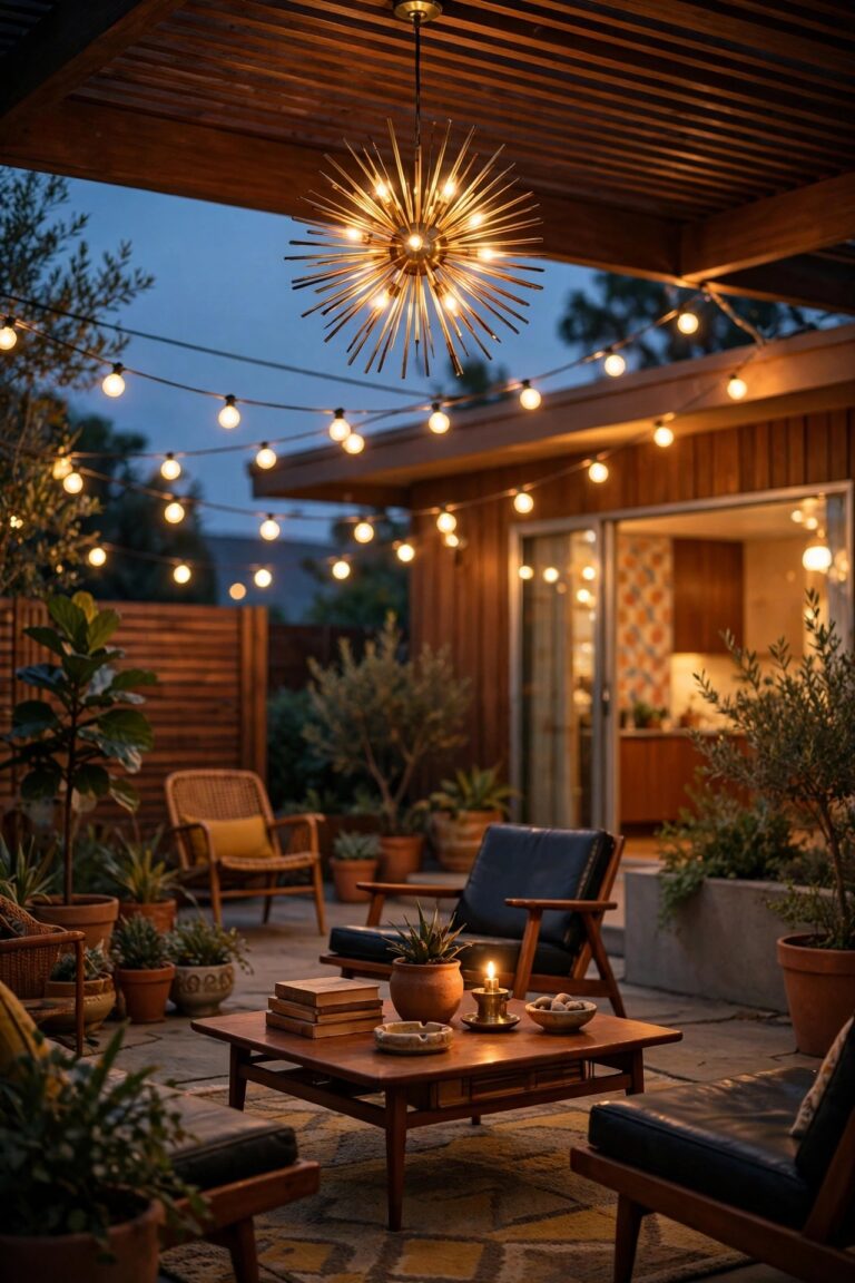 Mid-century modern patio at dusk with a starburst pendant, globe string lights and warm golden glow over a retro lounge setting